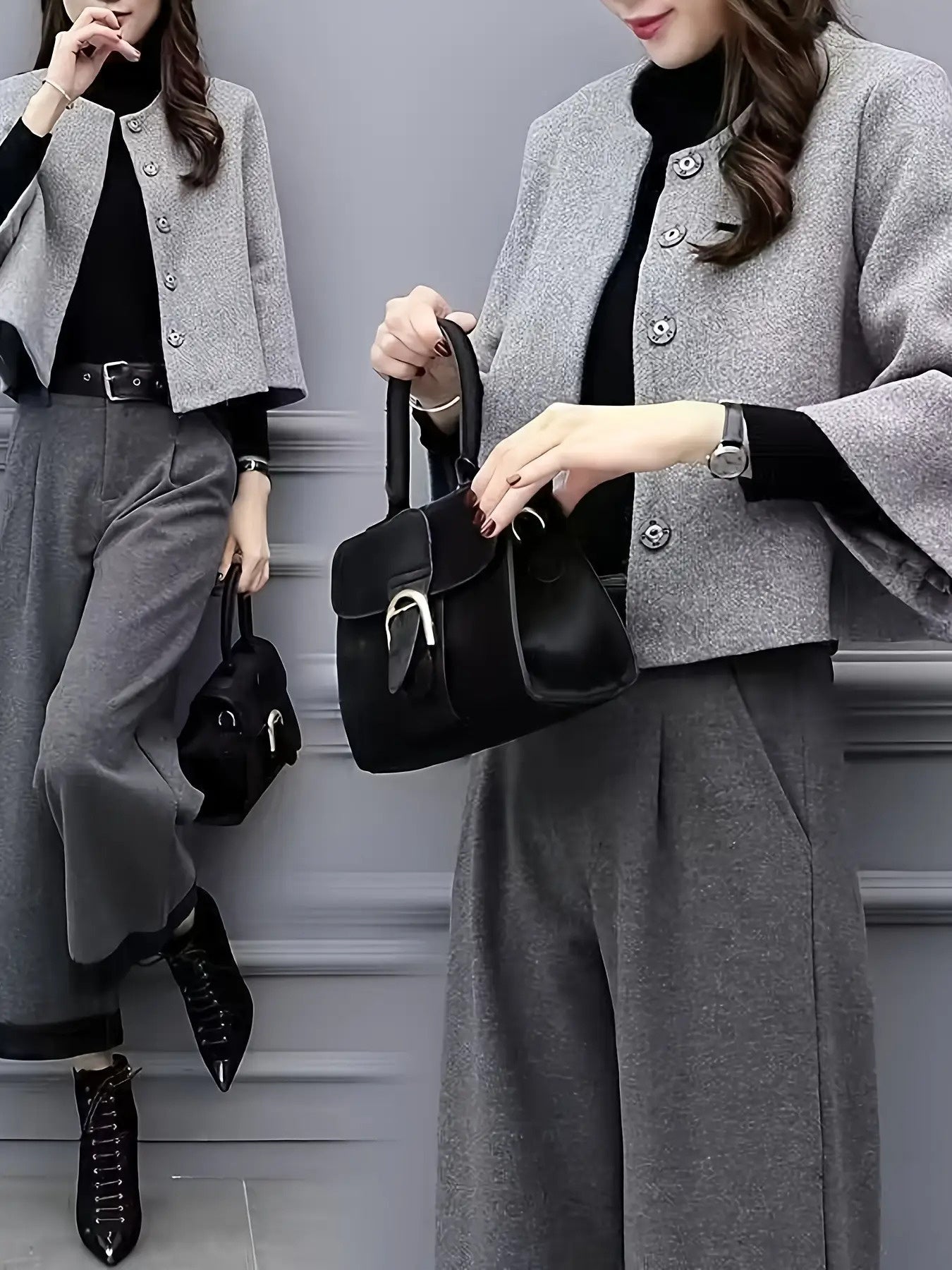 Elegant Socialite New Spring and Autumn Two-Piece Set Fleece Coat Internet Celebrity Fashion Wide-Leg Pants Suit