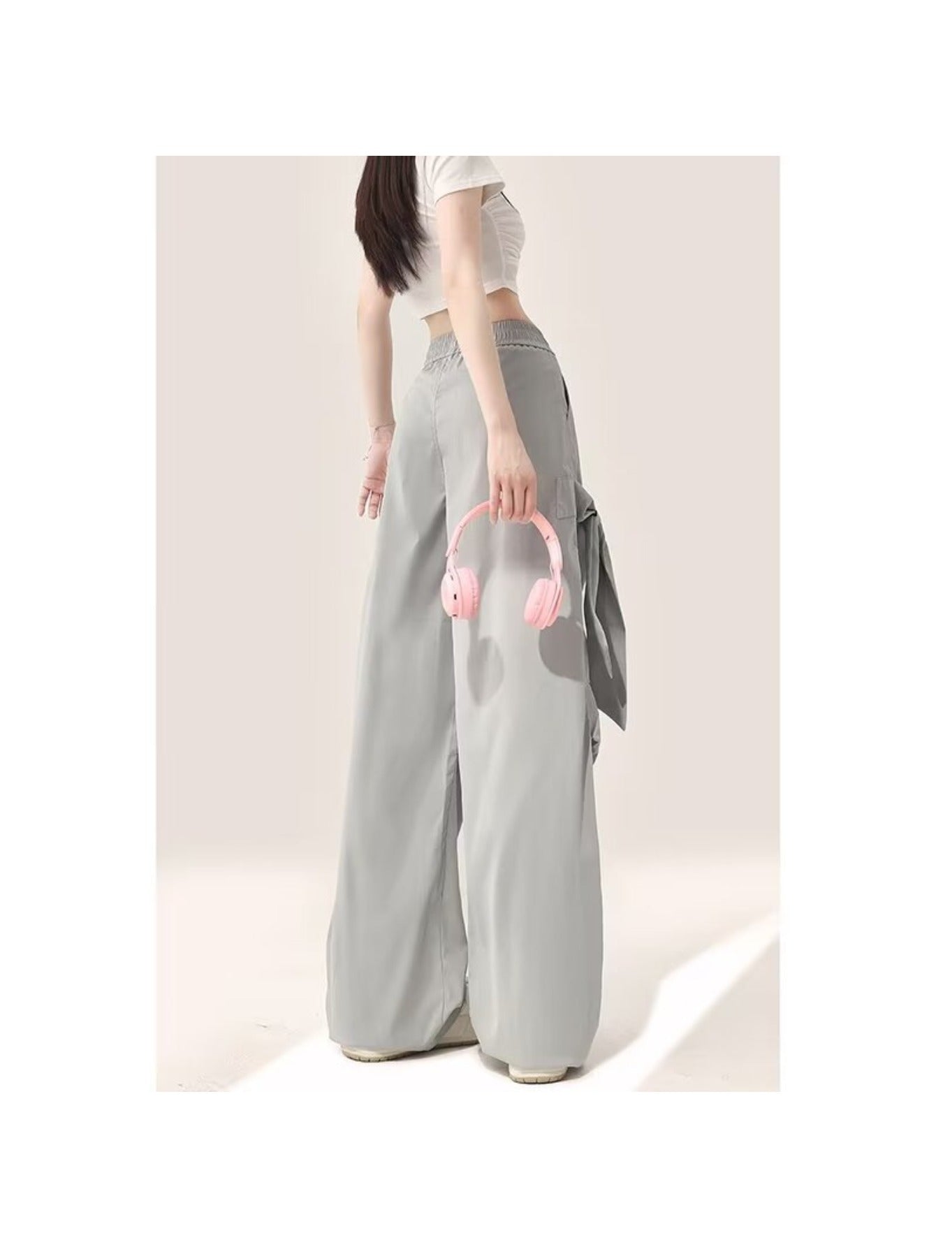 Women's Wide-Leg Cargo-Like Parachute Pants - Grey All-Season Loose Trousers with Multiple Utility Pockets, Straight-Leg Retro High-Waisted Design (No Elastic Waist) for Casual & Professional Wear, Machine Washable (No Shrinkage)
