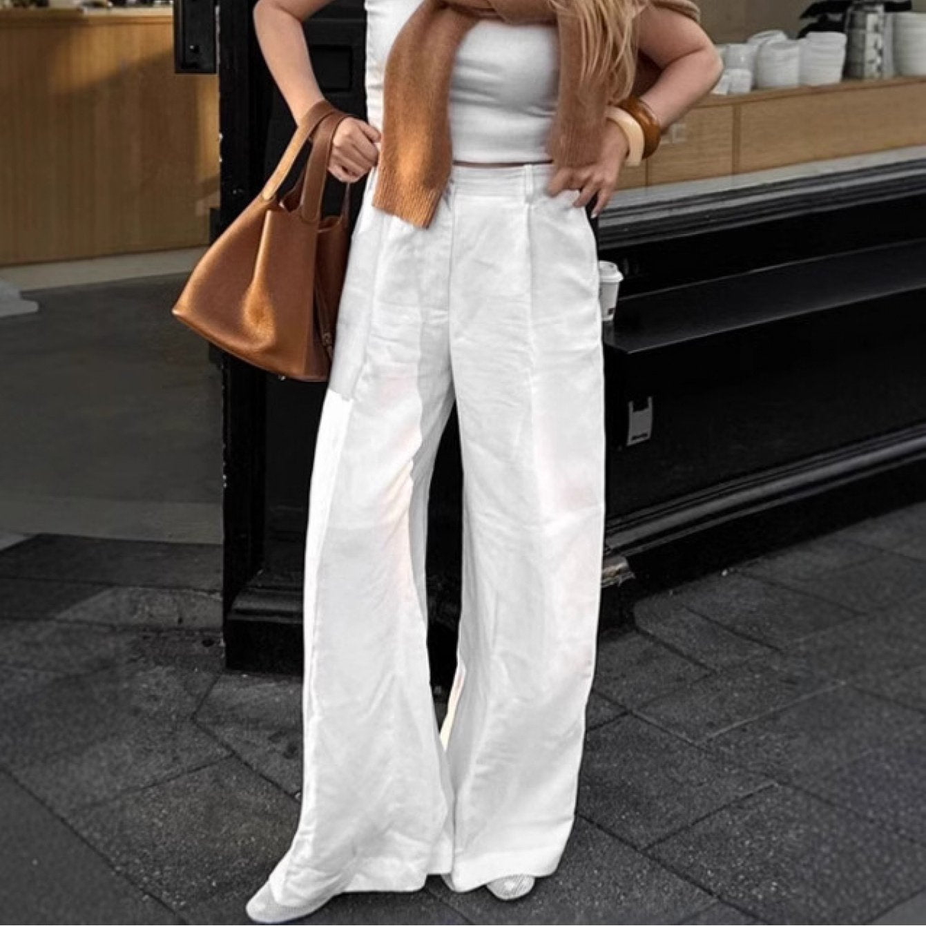 Women's 2025 Summer White Linen Pants - High-Waisted Wide-Leg Relaxed Fit with Zipper Closure, Breathable Lightweight Casual to Semi-Formal Trousers for Women, Machine Washable European & American Street Style Versatile Everyday Pants