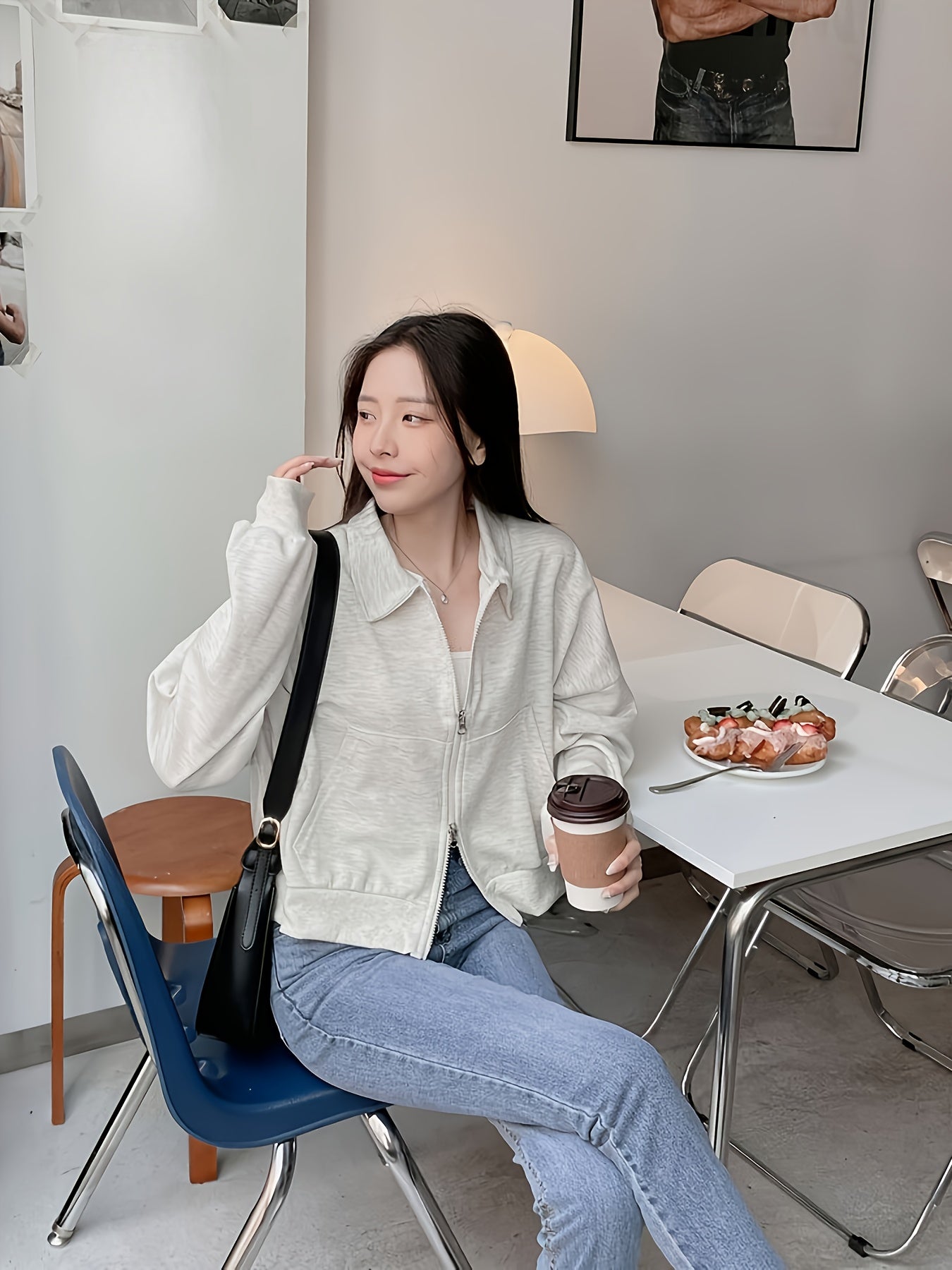 Women'S Chic Korean-Inspired Double-Zip Front Zip-Up Cardigan - Loose Fit Long Sleeve Open Front Jacket with Lapel Collar, Solid Color Spring Summer Fall Layering Piece for Casual or Stylish Outfits, Versatile Fashion, Durable Fabric