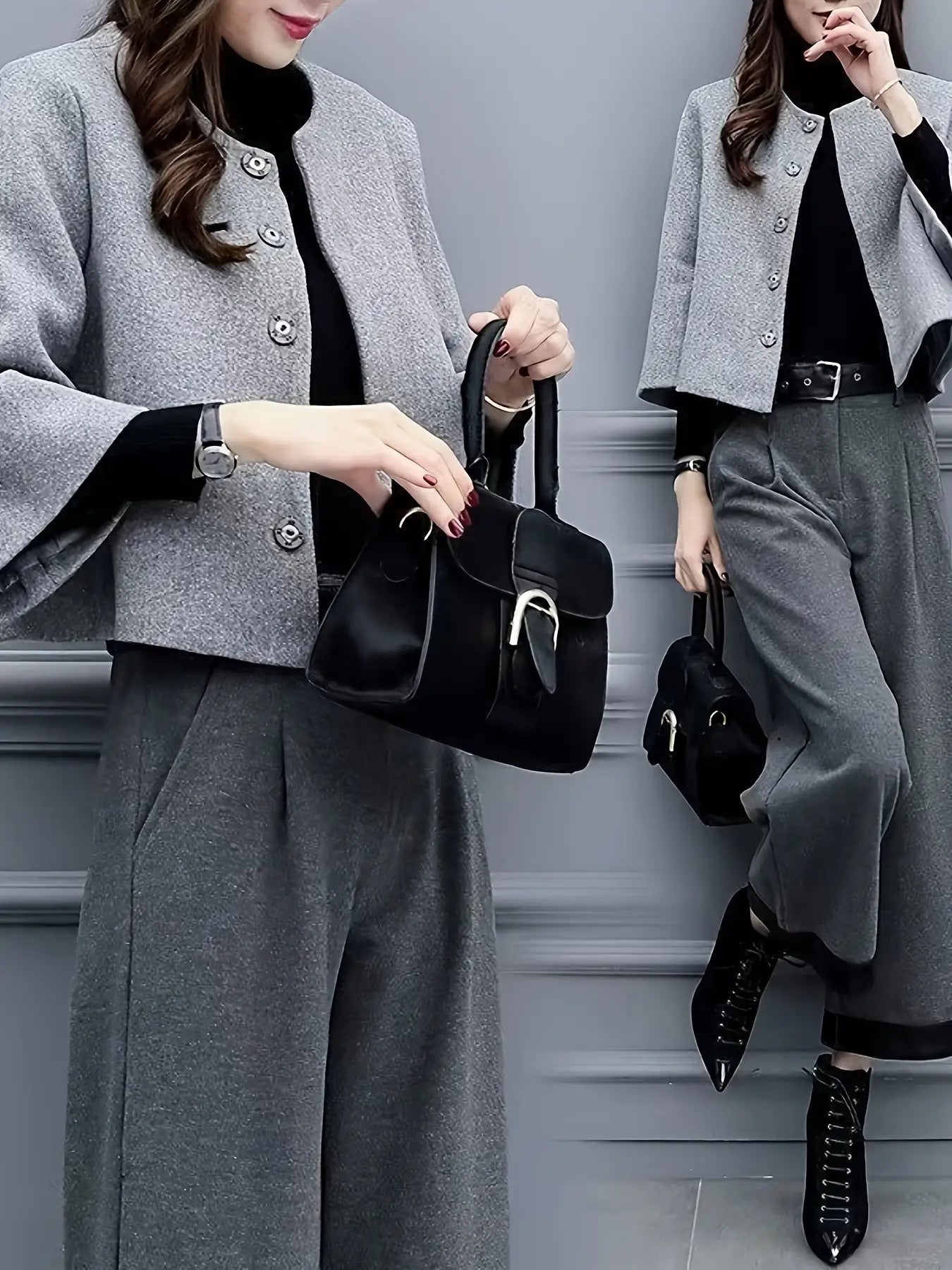 Elegant Socialite New Spring and Autumn Two-Piece Set Fleece Coat Internet Celebrity Fashion Wide-Leg Pants Suit