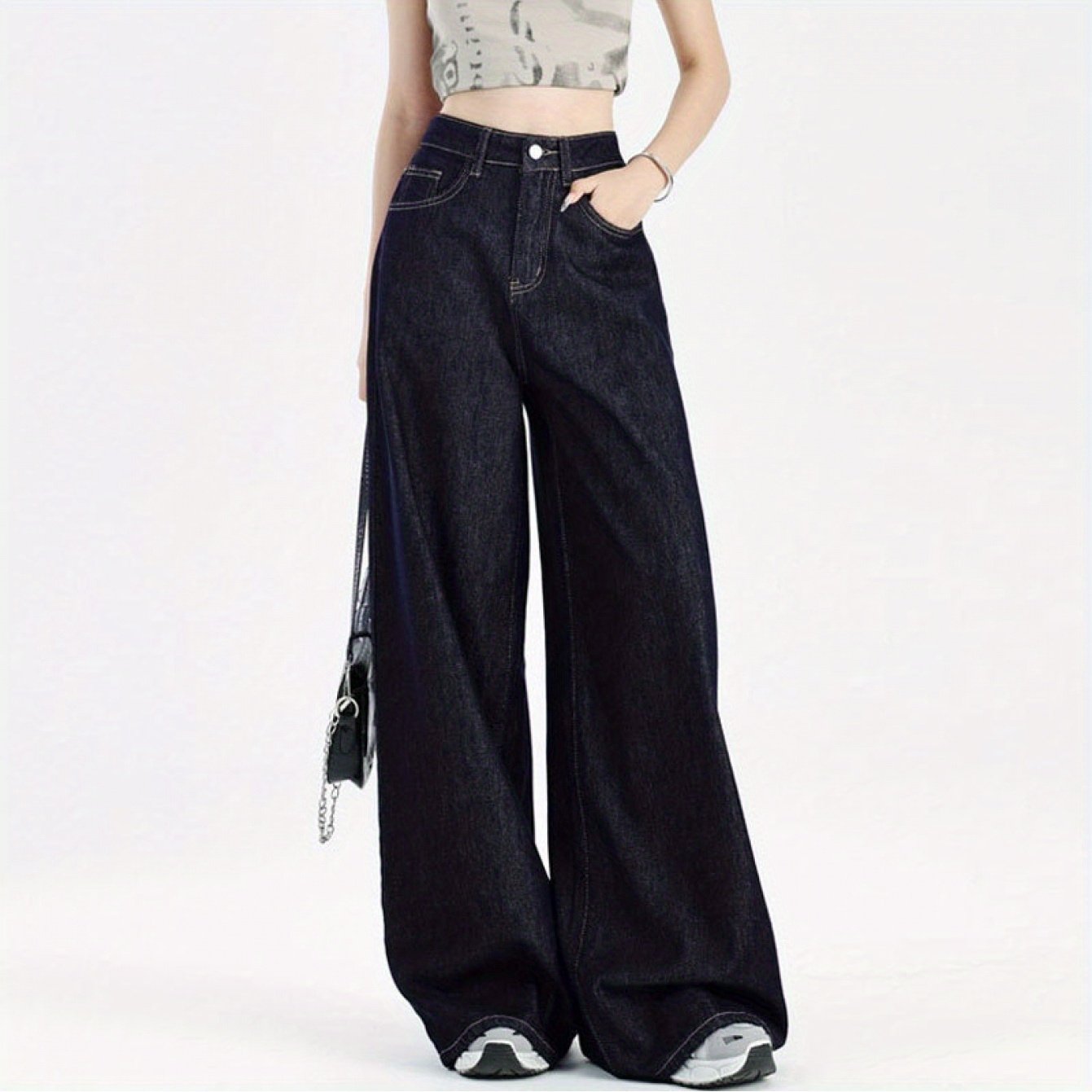 Stylish High-Waist Jeans High-Waist Wide-Leg Jeans for Women | Dark Blue Loose Fit Draped Denim Pants with Pockets, Relaxed American Style, Comfortable Fashion, Durable Fabric