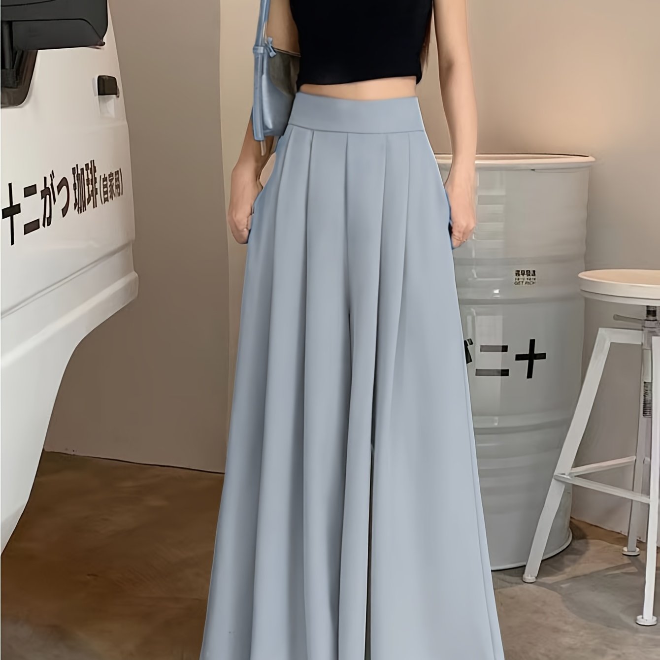 Women'S High-Waist Wide-Leg Pants - Lightweight 150g\u002Fm² Polyester, Solid Color Black, Casual Style, High Elasticity, Machine Washable, Perfect for Spring & Summe