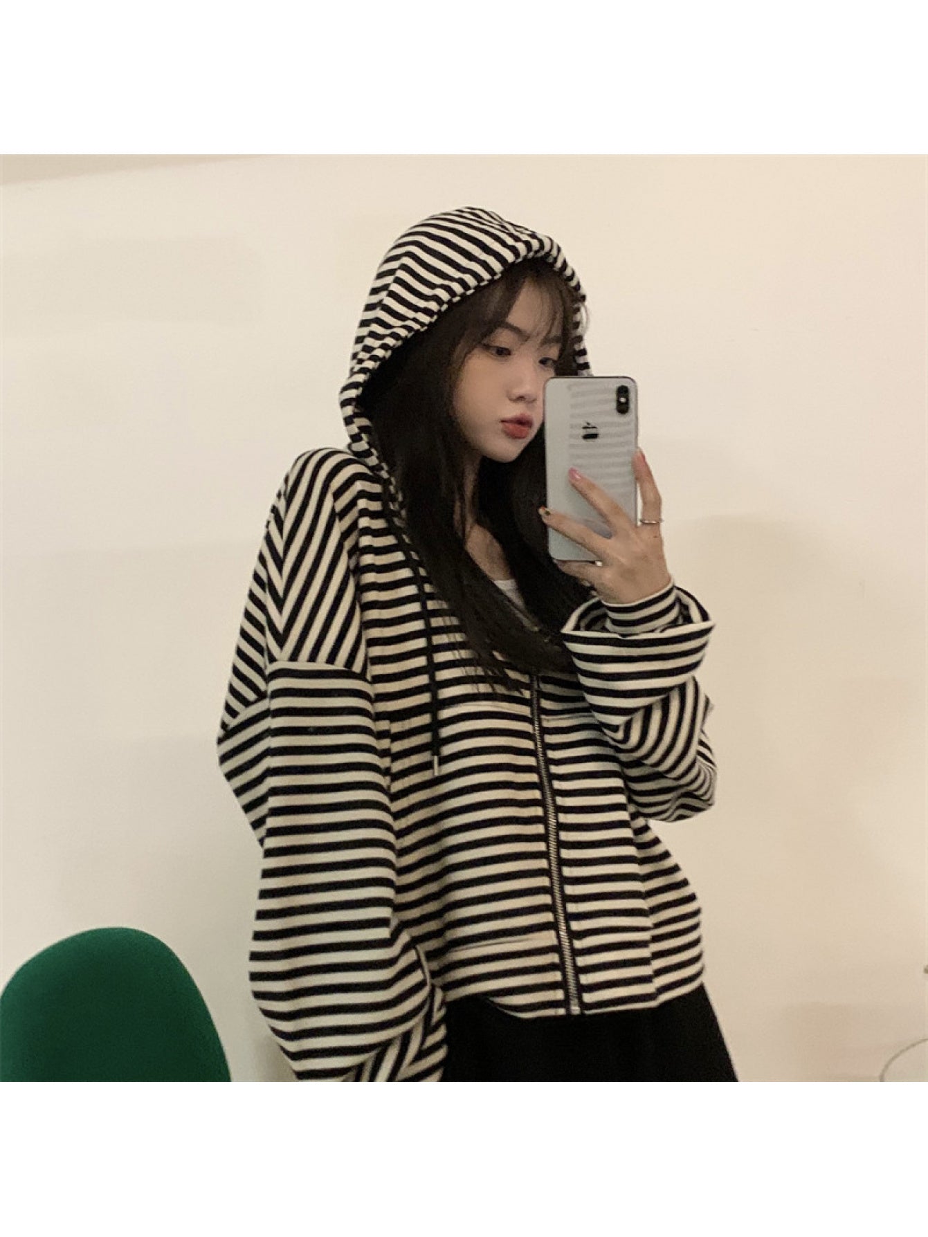 Women'S Oversized Hooded Zipper Cardigan Sweatshirt - & Striped Long Sleeve Winter Jacket, Casual Loose Fit Coat with Full-Zip Closure, Warm Fall & Winter Outerwear for Everyday Layering, Trendy Outfits, Seasonal Wardrobe, Layering Piece