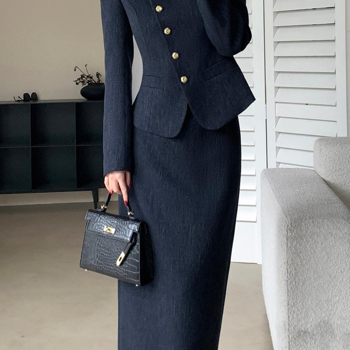 Women'S Professional Business Suit Set - Navy Blue & Golden-Tone Blazer and Pencil Skirt, Structured Office Outfit for Job Interviews, Formal Events - Elegant Formal Attire