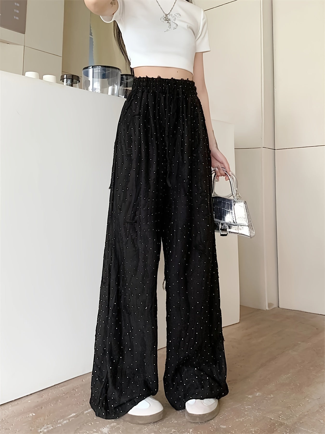 Solid Wide Leg Wide Leg Pants, Casual Ripped Holes Tied Elastic Waist Comfy Pants For Summer & Fall, Women's Clothing
