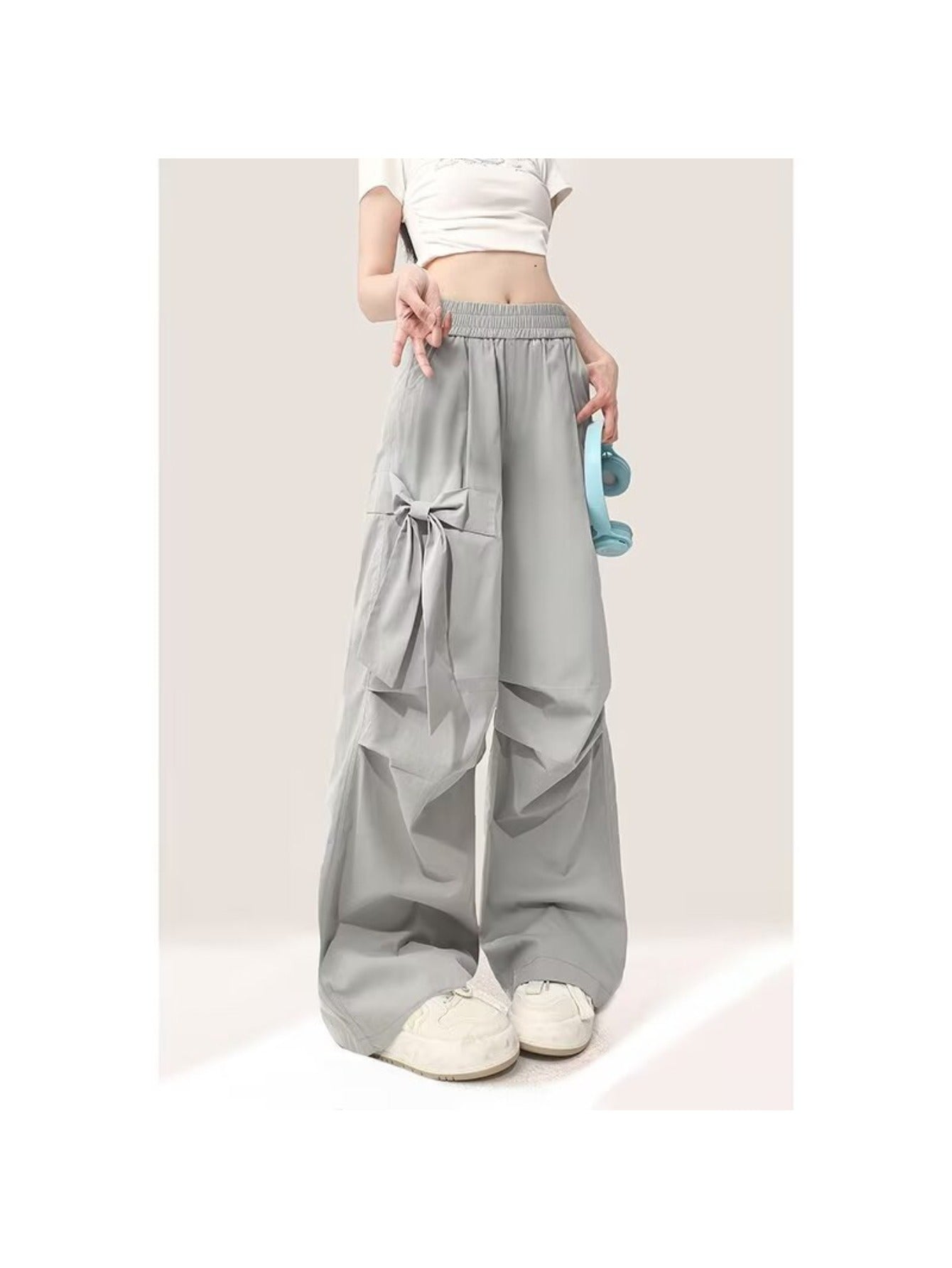 Women's Wide-Leg Cargo-Like Parachute Pants - Grey All-Season Loose Trousers with Multiple Utility Pockets, Straight-Leg Retro High-Waisted Design (No Elastic Waist) for Casual & Professional Wear, Machine Washable (No Shrinkage)