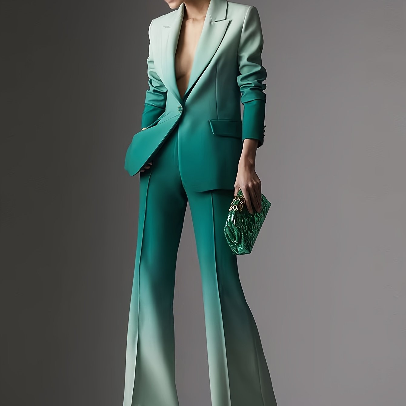 A Stylish And Elegant Women'S Two-Piece Set Featuring a Gradient Color Printed Single-Button Blazer And Flared Pants.