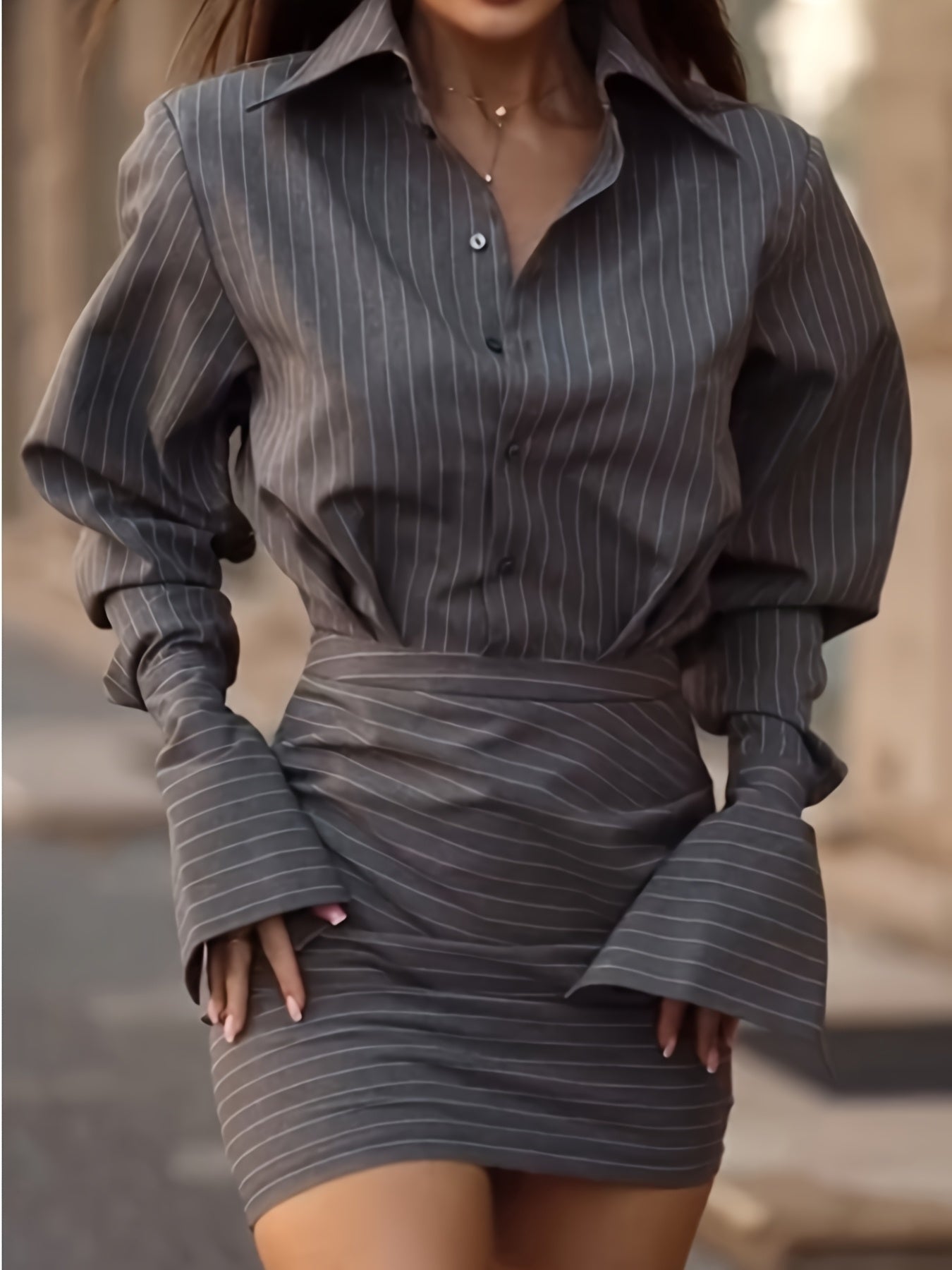Striped Pattern Women's Shirt Suit, Casual Wear, Fashionable Commuting Style, Suitable for Office Workers, Combined with Shirt And Short Skirt, Suitable for All Seasons
