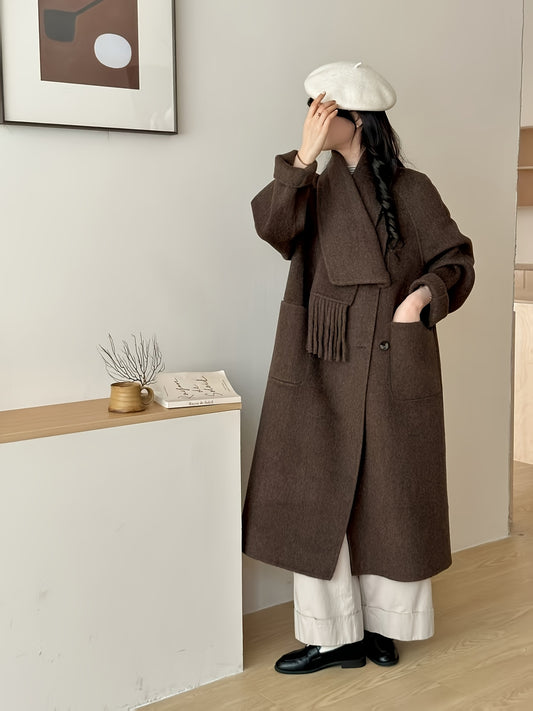 Women'S Elegant Brown Trench Coat with Fringe Detail - Versatile Fall\u002FWinter Outerwear, Long Sleeve, Button-Up Front, Perfect for Casual or Commuting, Casual Winter Wear | Fringe Detail Coat | Buttonup Coat