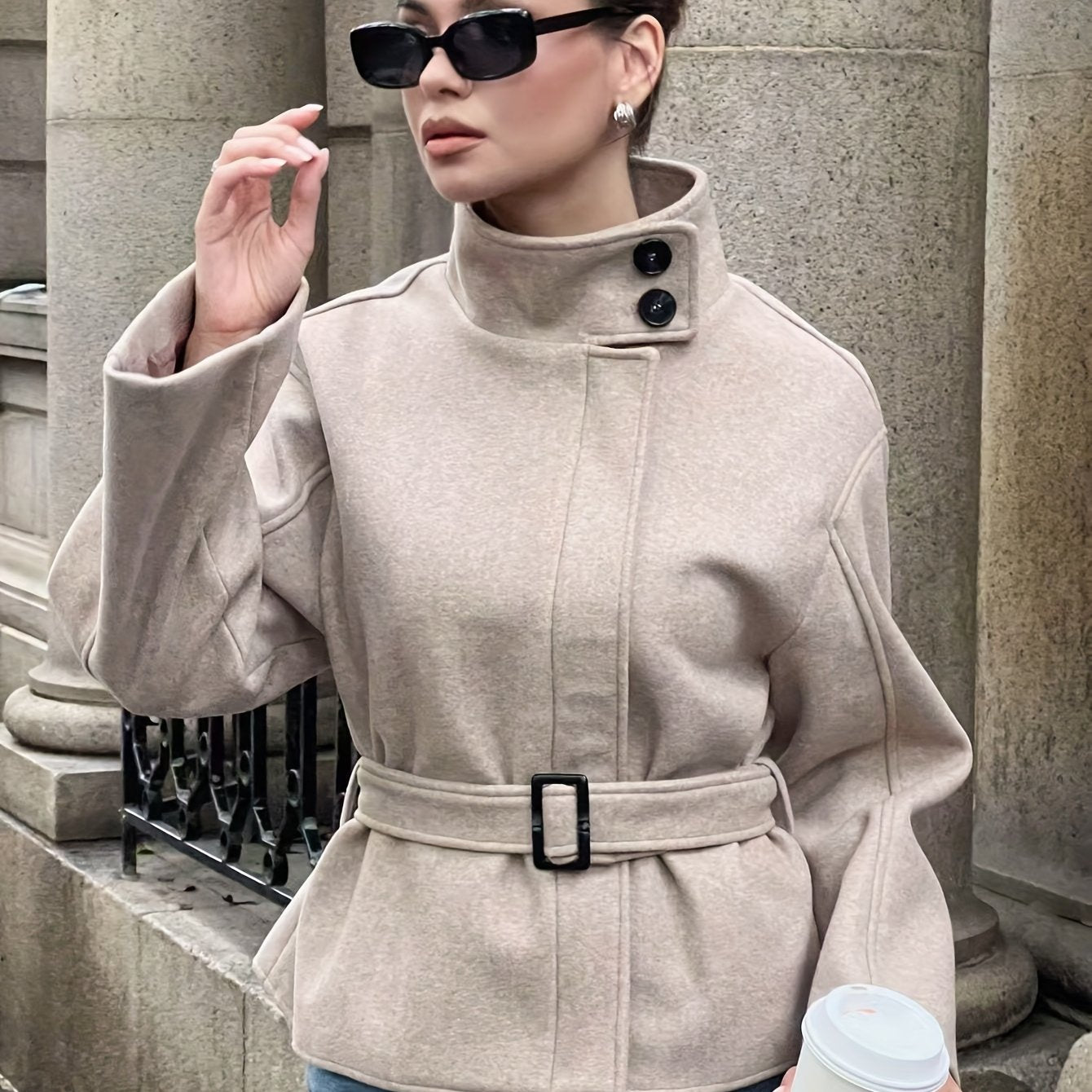 Autumn/Winter Elegant Stand Collar Tweed Belt Waist Coat Jacket Casual Fashion Long Sleeve Women's Outerwear