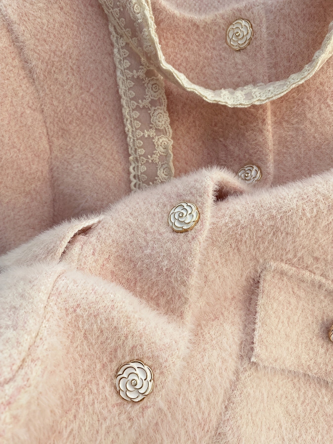 Women's Elegant Soft Pink Lace Trim Jacket - Round Neck Single-Breasted Double Pocket Blazer with Fringe-Free Lace Edges, Versatile All-Season Long Sleeve Coat for Casual & Formal Outfits, Hand Washable Medium Stretch Fabric