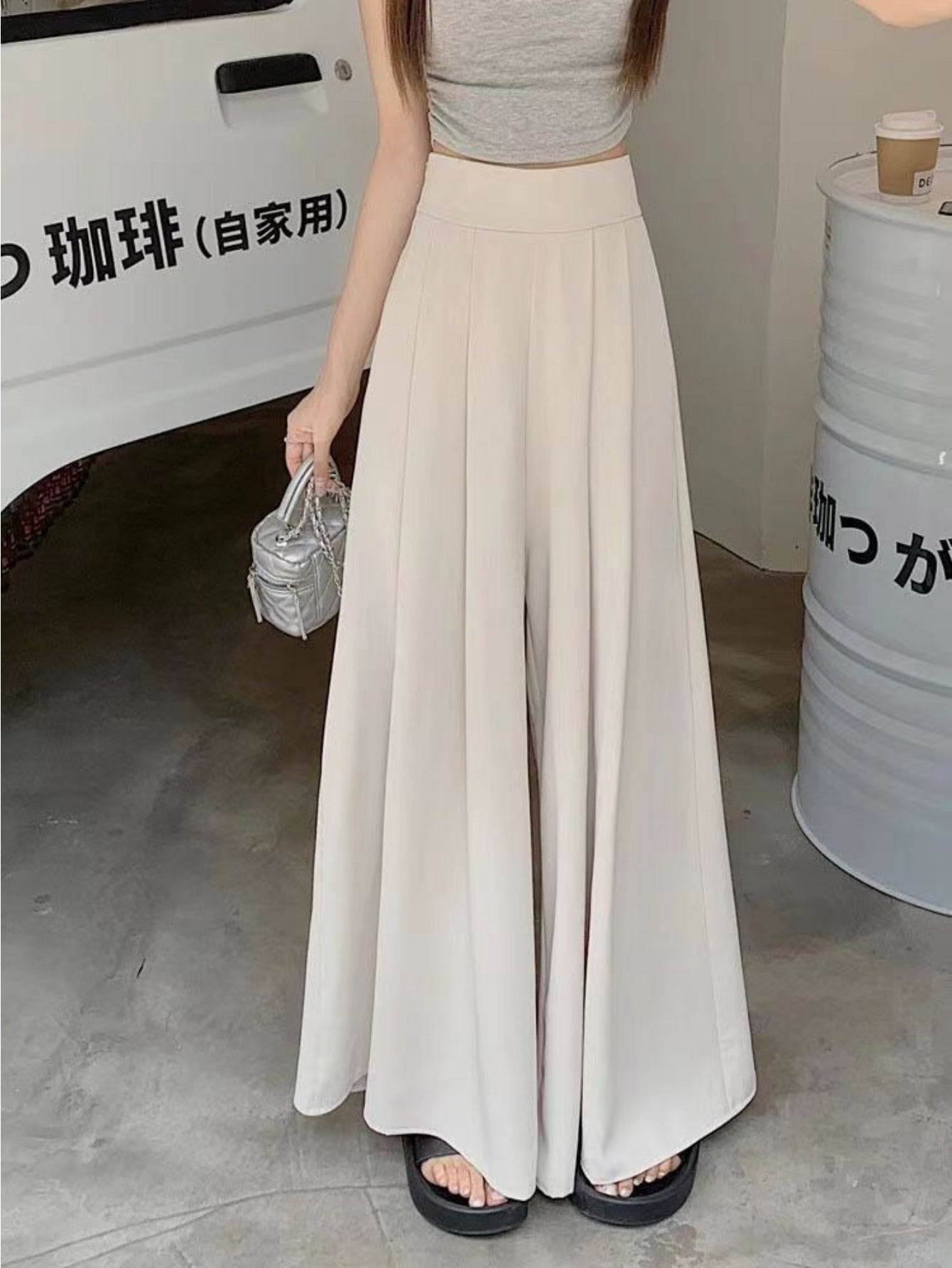 Women'S High-Waist Wide-Leg Pants - Lightweight 150g\u002Fm² Polyester, Solid Color Black, Casual Style, High Elasticity, Machine Washable, Perfect for Spring & Summe