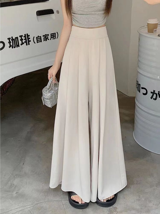 Women'S High-Waist Wide-Leg Pants - Lightweight 150g\u002Fm² Polyester, Solid Color Black, Casual Style, High Elasticity, Machine Washable, Perfect for Spring & Summe