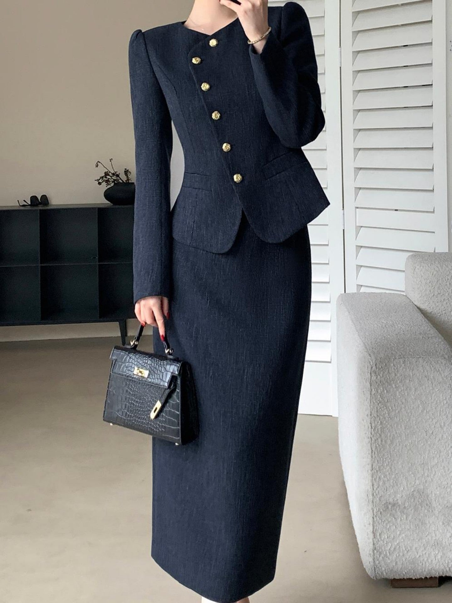 Women'S Professional Business Suit Set - Navy Blue & Golden-Tone Blazer and Pencil Skirt, Structured Office Outfit for Job Interviews, Formal Events - Elegant Formal Attire
