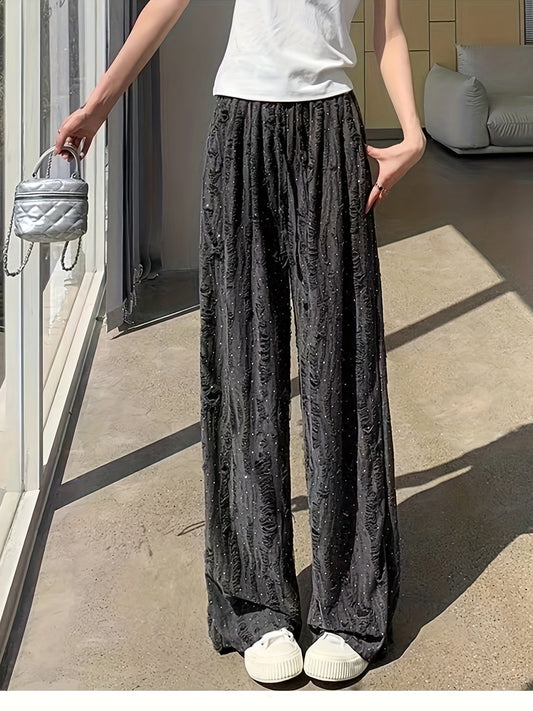 Solid Wide Leg Wide Leg Pants, Casual Ripped Holes Tied Elastic Waist Comfy Pants For Summer & Fall, Women's Clothing