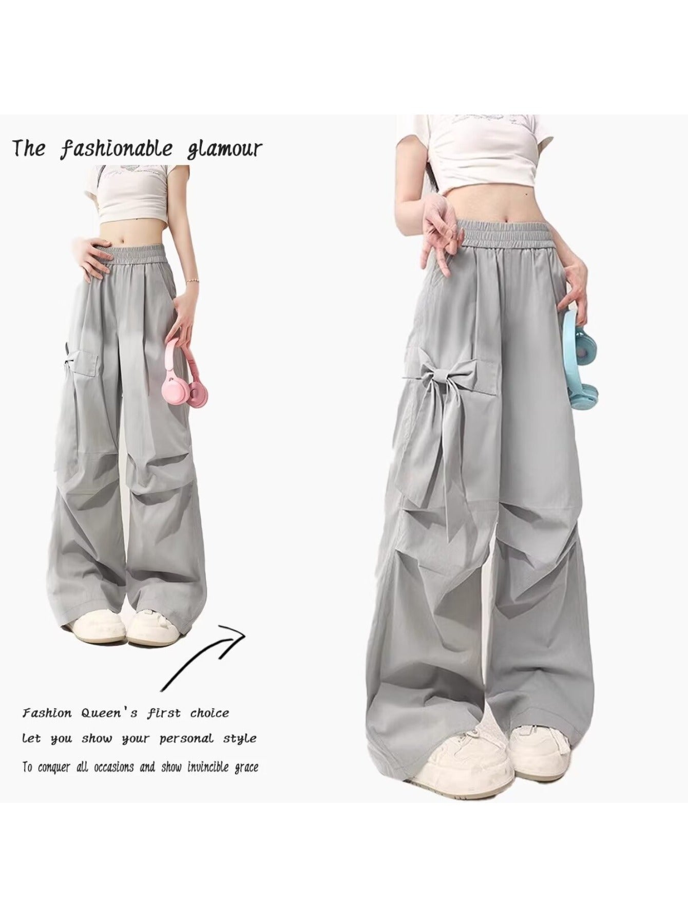 Women's Wide-Leg Cargo-Like Parachute Pants - Grey All-Season Loose Trousers with Multiple Utility Pockets, Straight-Leg Retro High-Waisted Design (No Elastic Waist) for Casual & Professional Wear, Machine Washable (No Shrinkage)