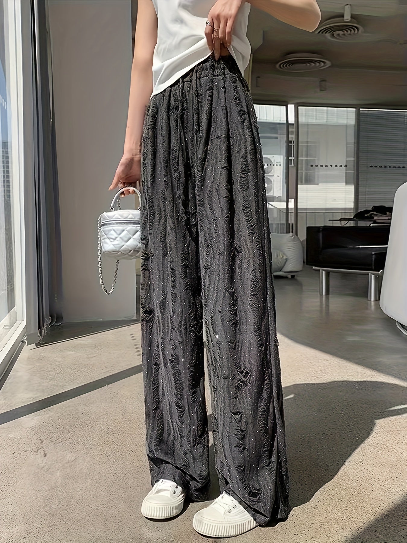 Solid Wide Leg Wide Leg Pants, Casual Ripped Holes Tied Elastic Waist Comfy Pants For Summer & Fall, Women's Clothing