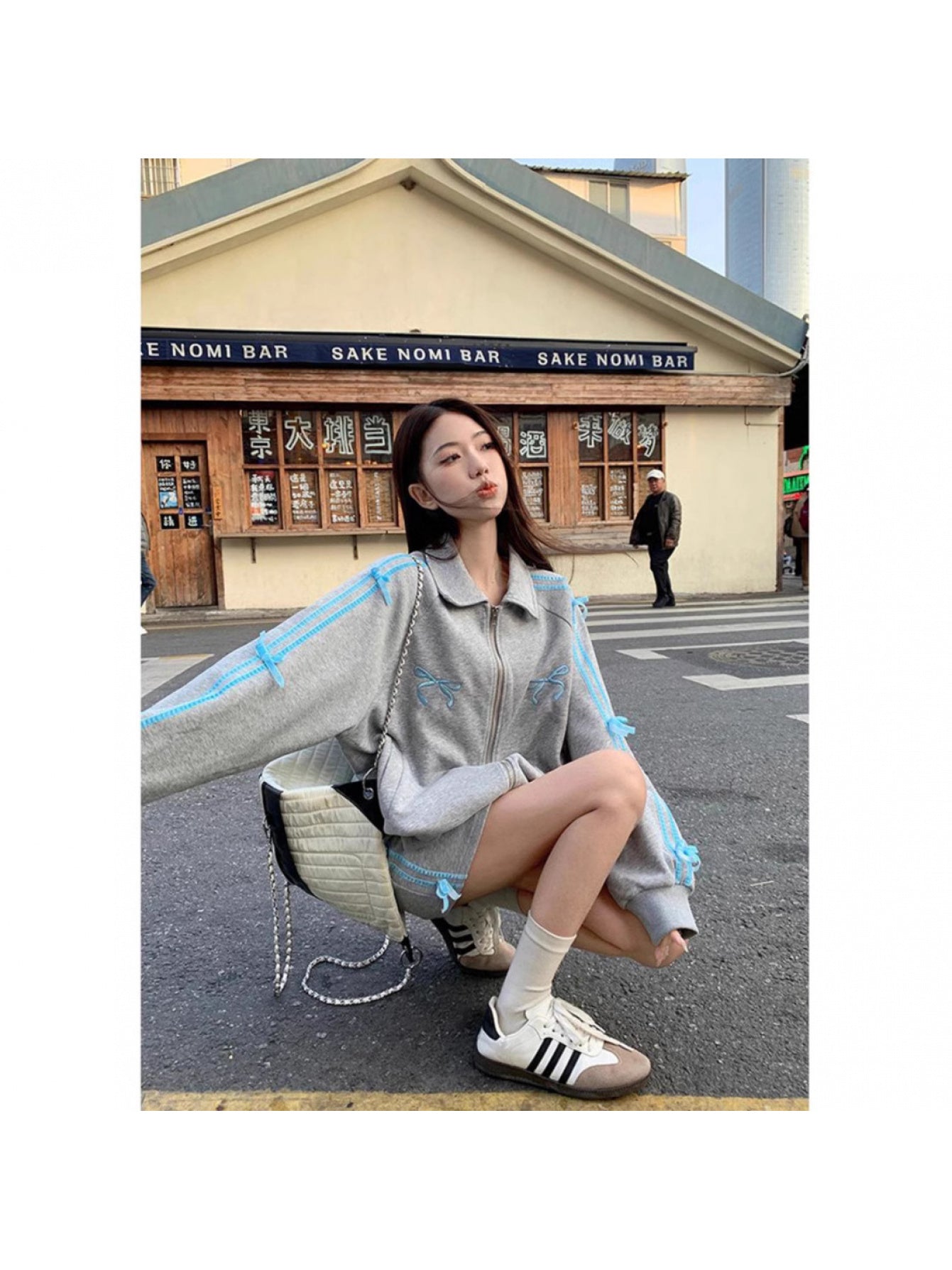 Women's Oversized Hooded Jacket with White Piping Trim - Grey Lapel Collar Long Sleeve Coat, Casual Loose Fit Outerwear for Spring\u002FAutumn\u002FWinter, Hand Washable Layered Blazer-like Sweater (No)
