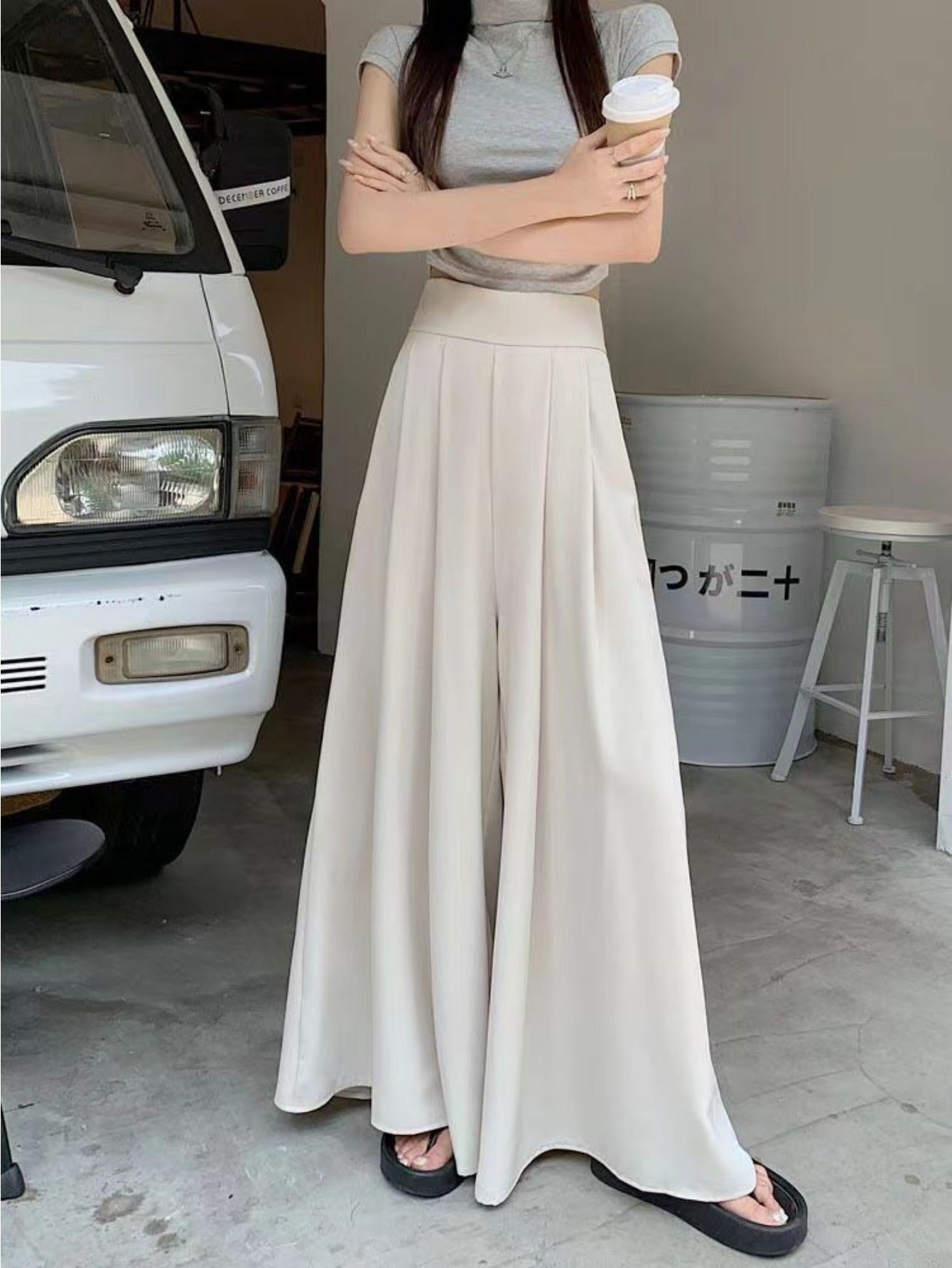 Women'S High-Waist Wide-Leg Pants - Lightweight 150g\u002Fm² Polyester, Solid Color Black, Casual Style, High Elasticity, Machine Washable, Perfect for Spring & Summe