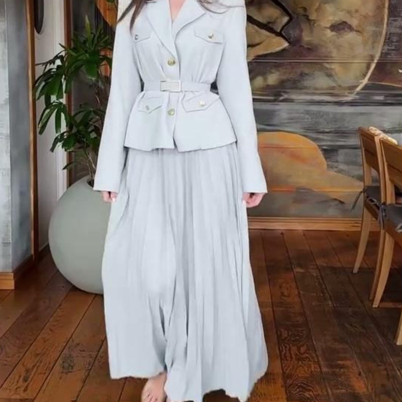Plus Size - Plus Size, Women'S Elegant Belted Cardigan Suit Jacket & Long Skirt Set - Oversized Fit with Structured Waist, Round Neck Long Sleeve Coat & Matching Skirt, All-Season Versatile Formal & Semi-Formal Outfit, Pockets, Plus Size Available (
