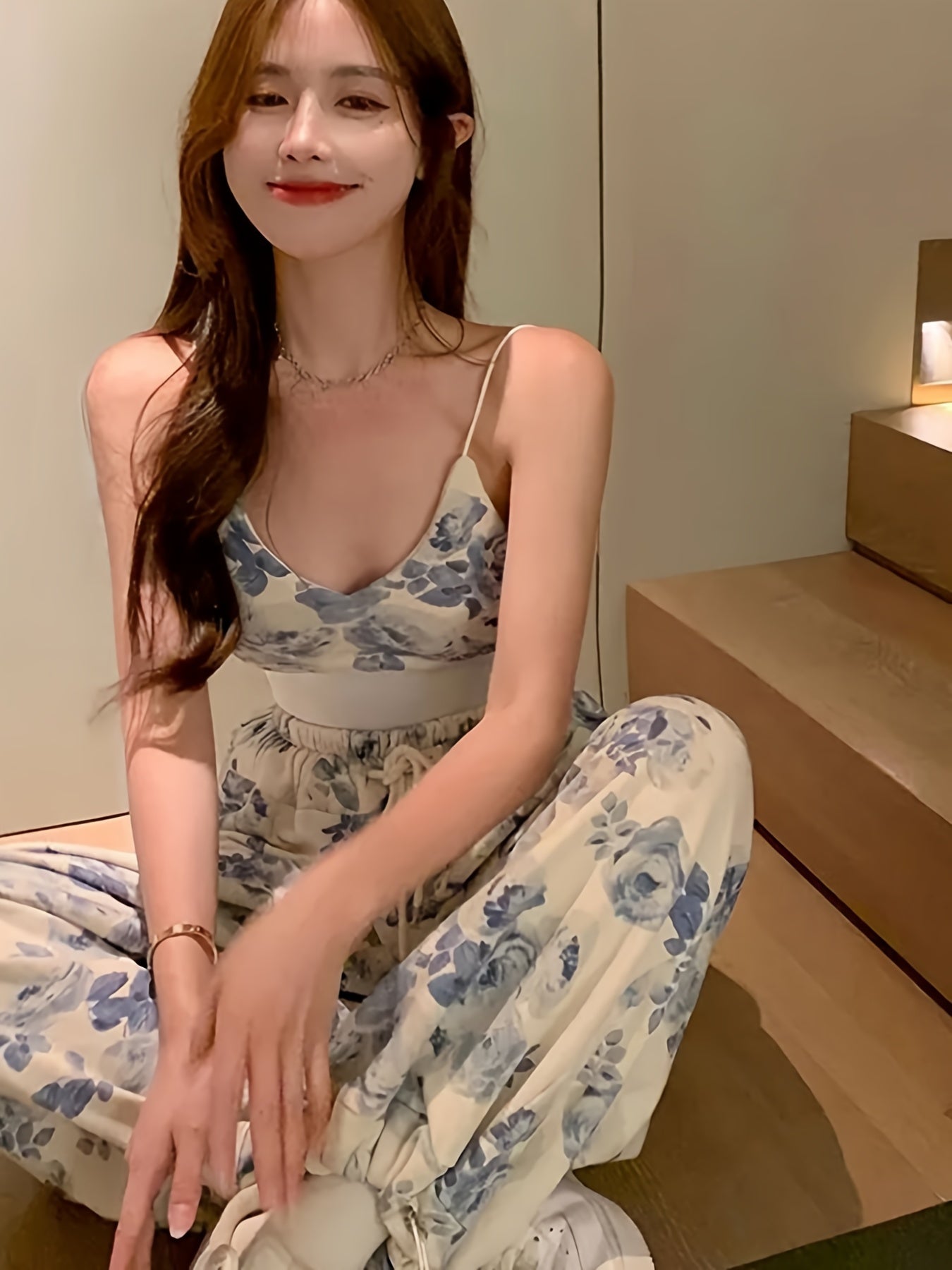 Women Casual 2pcs Temperament Pants Outfits Floral Print V-Neck Spaghetti Strap Camisole + Drawstring Elastic Waist Long Pants Set