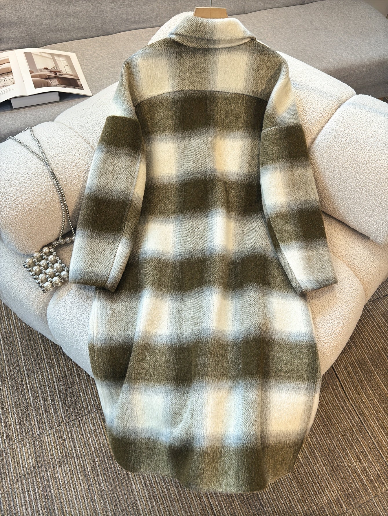 Vintage Checkered Coat - Winter Warm Fur-Lined Plush Lining, Brown & White Grid Pattern, Front with Pockets, Women's Winter Outerwear