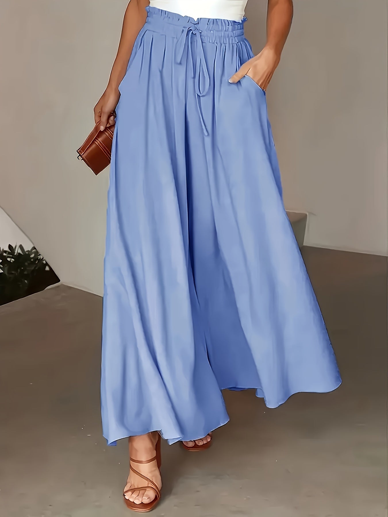Women'S Light Blue Wide-Leg Pants with Drawstring Waist - Casual Vacation Style, High-Waisted, Flowy Design, Perfect for Beach or Poolside Outings, Beach Attire | Flowy Wideleg | Glossy Texture