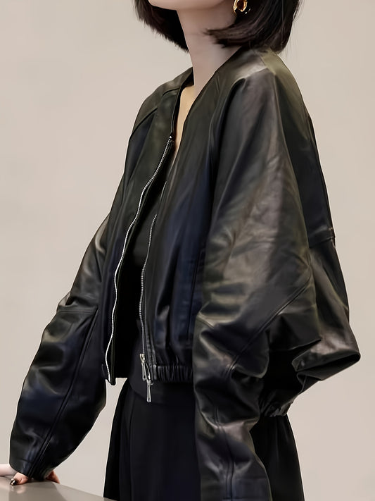 Women'S Black Jacket - Casual Loose Fit with Adjustable Drawstring Waist, Batwing Sleeves, and Golden-Tone Zipper, Perfect for Spring\u002FSummer\u002FFall