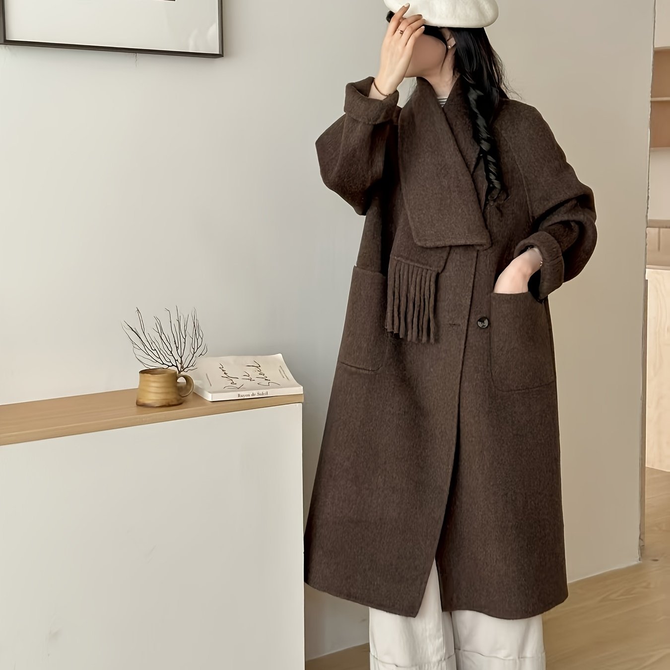 Women'S Elegant Brown Trench Coat with Fringe Detail - Versatile Fall\u002FWinter Outerwear, Long Sleeve, Button-Up Front, Perfect for Casual or Commuting, Casual Winter Wear | Fringe Detail Coat | Buttonup Coat