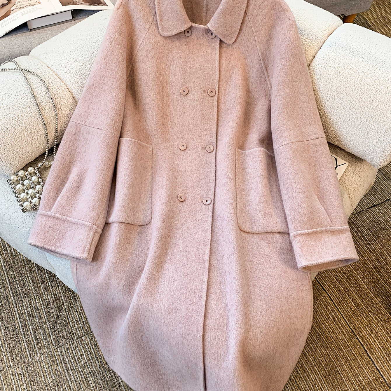 Pink Long Buttoned Korean-Style Elegant Women's Coat with Warmth
