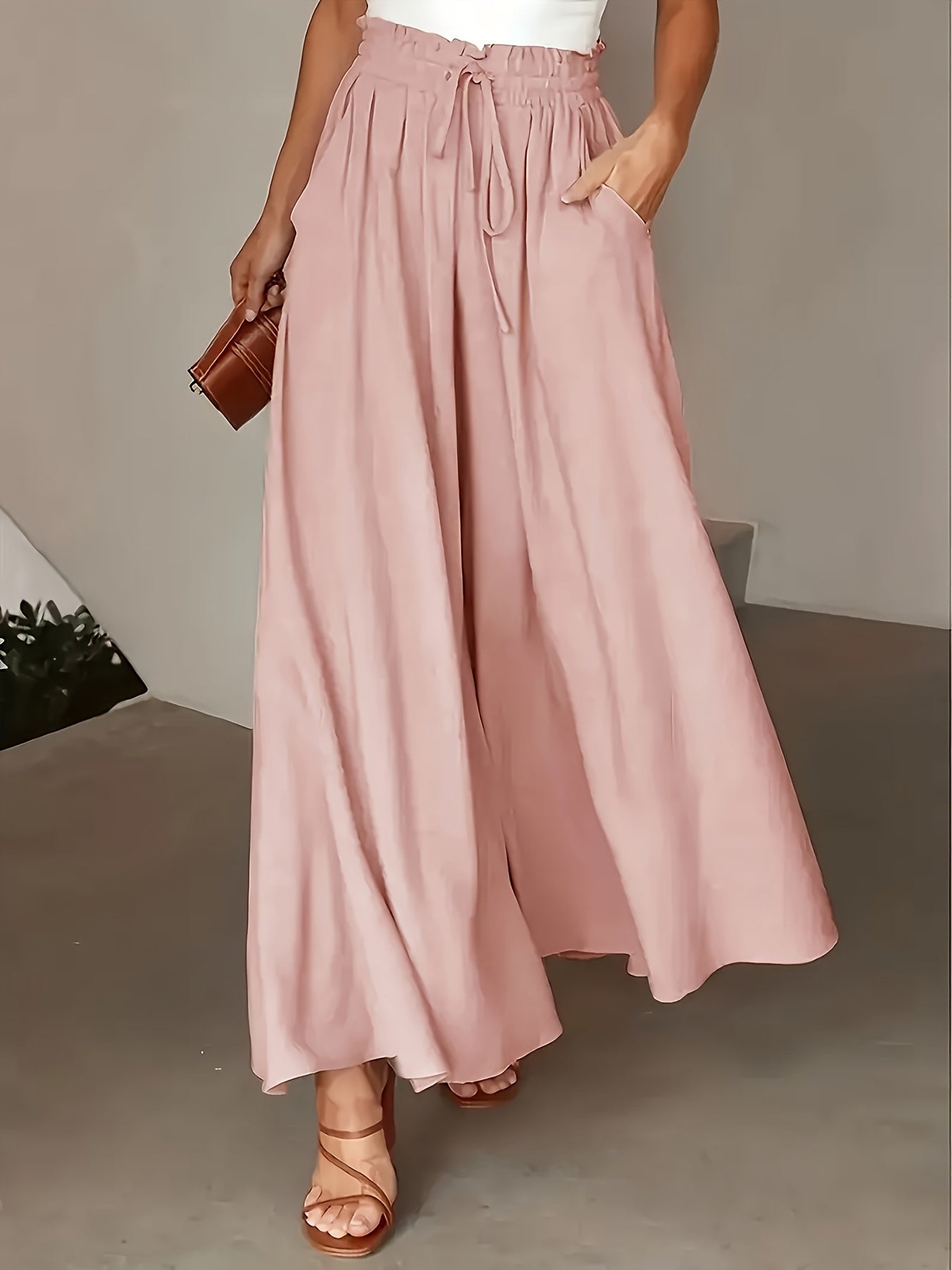 Women'S Light Blue Wide-Leg Pants with Drawstring Waist - Casual Vacation Style, High-Waisted, Flowy Design, Perfect for Beach or Poolside Outings, Beach Attire | Flowy Wideleg | Glossy Texture