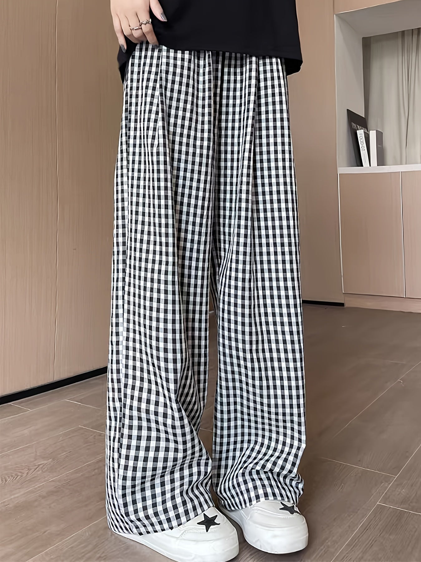 Women's High-Waisted Black & White Checkered Wide-Leg Lounge Pants - Lightweight Elastic Waist Relaxed Fit Clothing & Casual Trousers for Spring Summer Fall, Comfy Pants, Spring Summer Clothing, Comfortable Clothing