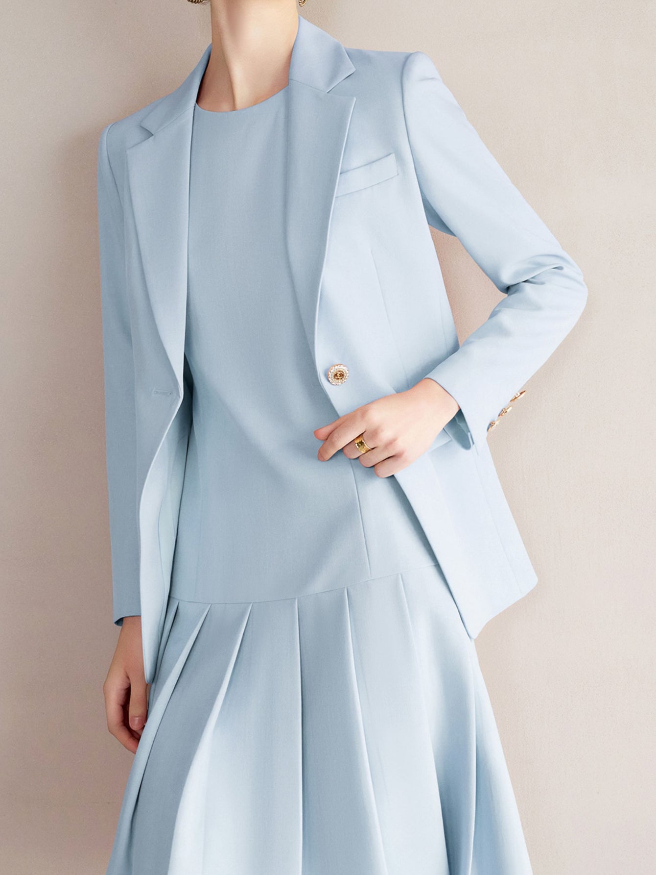 Light Blue Suit Set Lapel Blazer with Pleated Dress Two Piece for Office and Commute