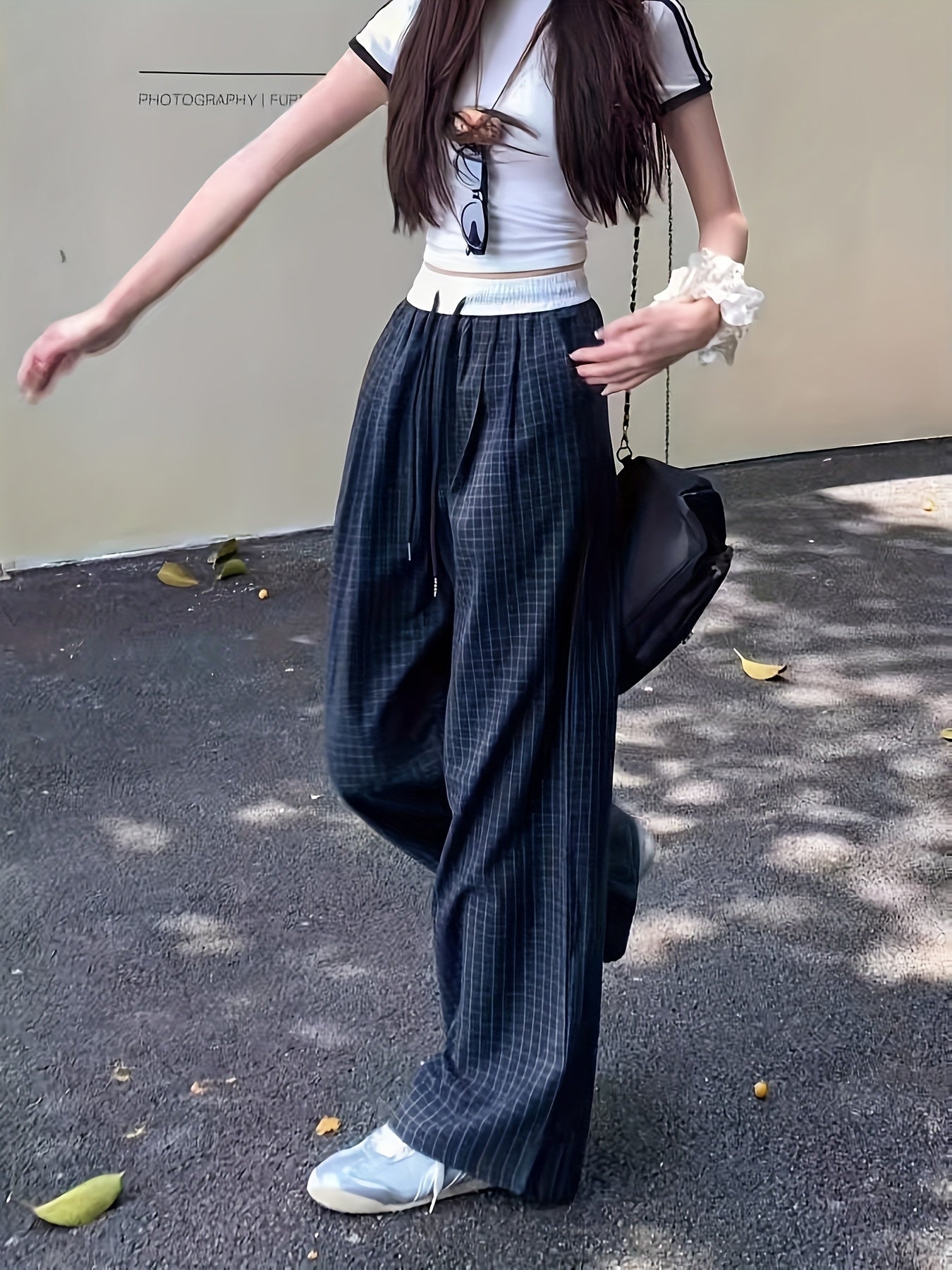 Women's Non-Stretch Pants - Elegant Casual Trousers with Drawstring Waist, Navy & Black Grid Pattern for Everyday Formal Outfits - Machine Washable Non-Stretchy Leg Pants, Summer Leisurewear, Smooth Texture Fabric