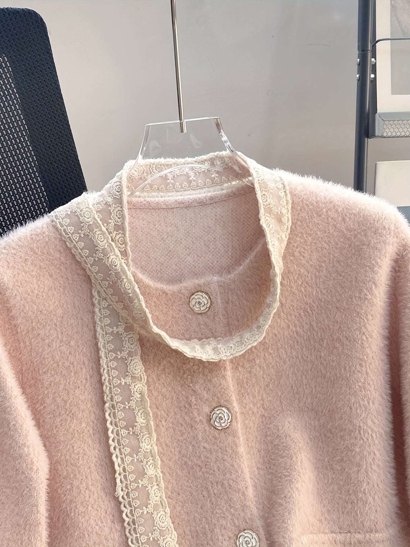 Women's Elegant Soft Pink Lace Trim Jacket - Round Neck Single-Breasted Double Pocket Blazer with Fringe-Free Lace Edges, Versatile All-Season Long Sleeve Coat for Casual & Formal Outfits, Hand Washable Medium Stretch Fabric
