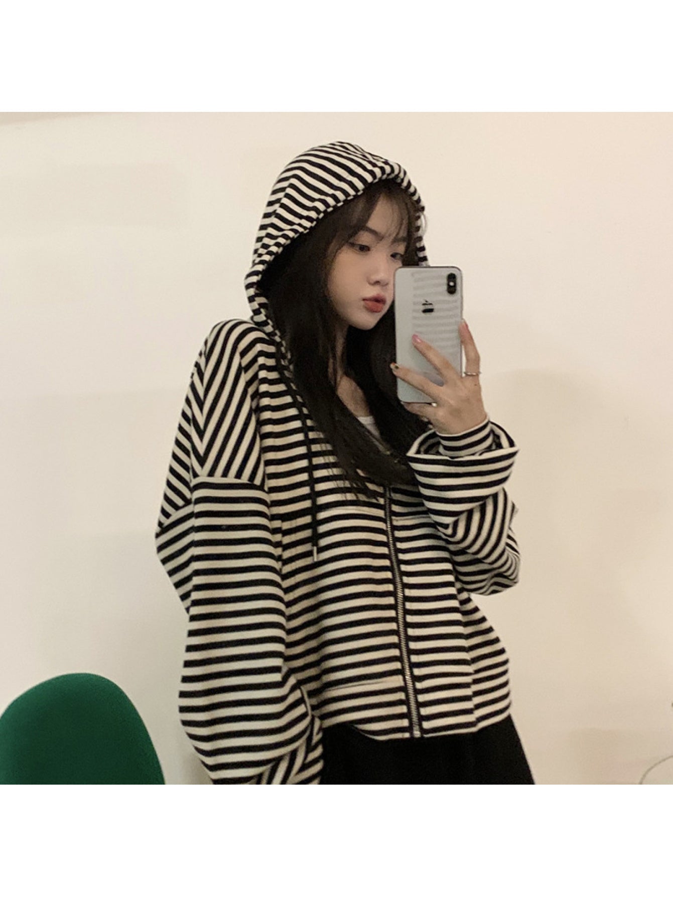 Women'S Oversized Hooded Zipper Cardigan Sweatshirt - & Striped Long Sleeve Winter Jacket, Casual Loose Fit Coat with Full-Zip Closure, Warm Fall & Winter Outerwear for Everyday Layering, Trendy Outfits, Seasonal Wardrobe, Layering Piece