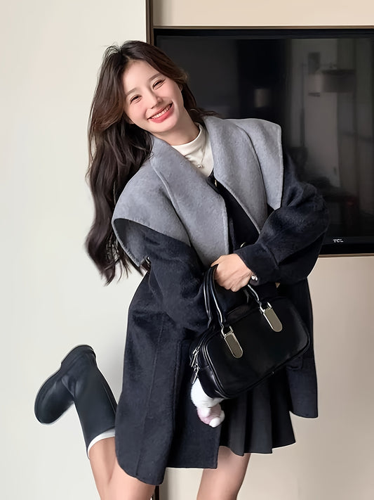 Women's Elegant Black Wool Tweed Coat - Dual-Sided Breasted Navy Collar, Loose Fit for Winter & Fall, Soft & Stylish Outerwear for Casual or Chic Outfits