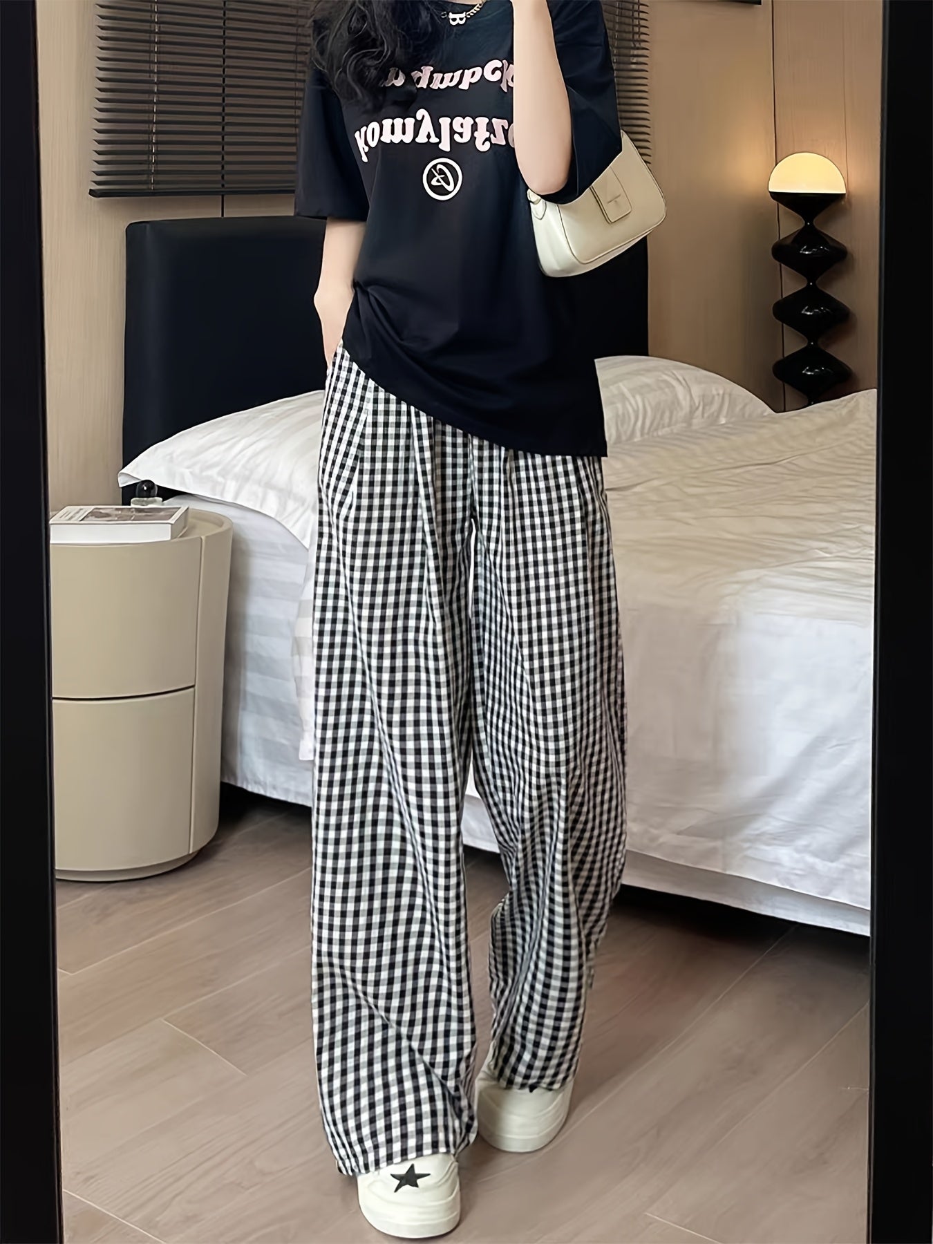 Women's High-Waisted Black & White Checkered Wide-Leg Lounge Pants - Lightweight Elastic Waist Relaxed Fit Clothing & Casual Trousers for Spring Summer Fall, Comfy Pants, Spring Summer Clothing, Comfortable Clothing