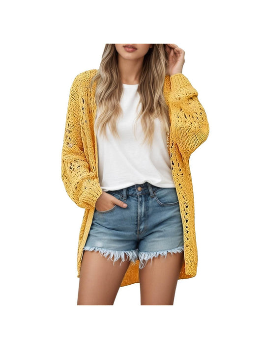 Women's Elegant Open Front Long Sleeve Cardigan Sweater Coat with Fringe Hem & Pockets - Soft Fall Winter Warm Coat, Casual to Semi-Formal Outwear, Solid Color & Contrast Trim (Dry Clean Only)