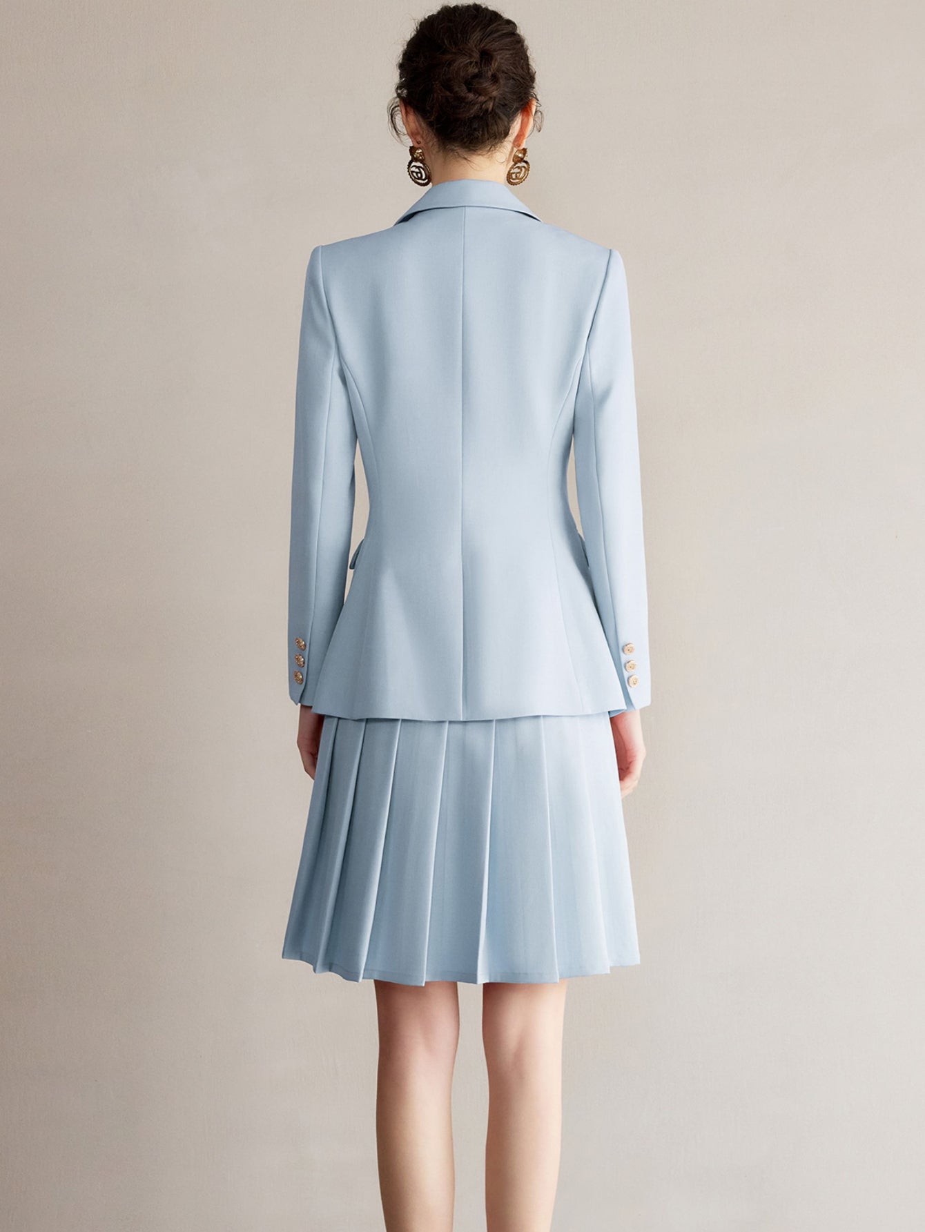 Light Blue Suit Set Lapel Blazer with Pleated Dress Two Piece for Office and Commute
