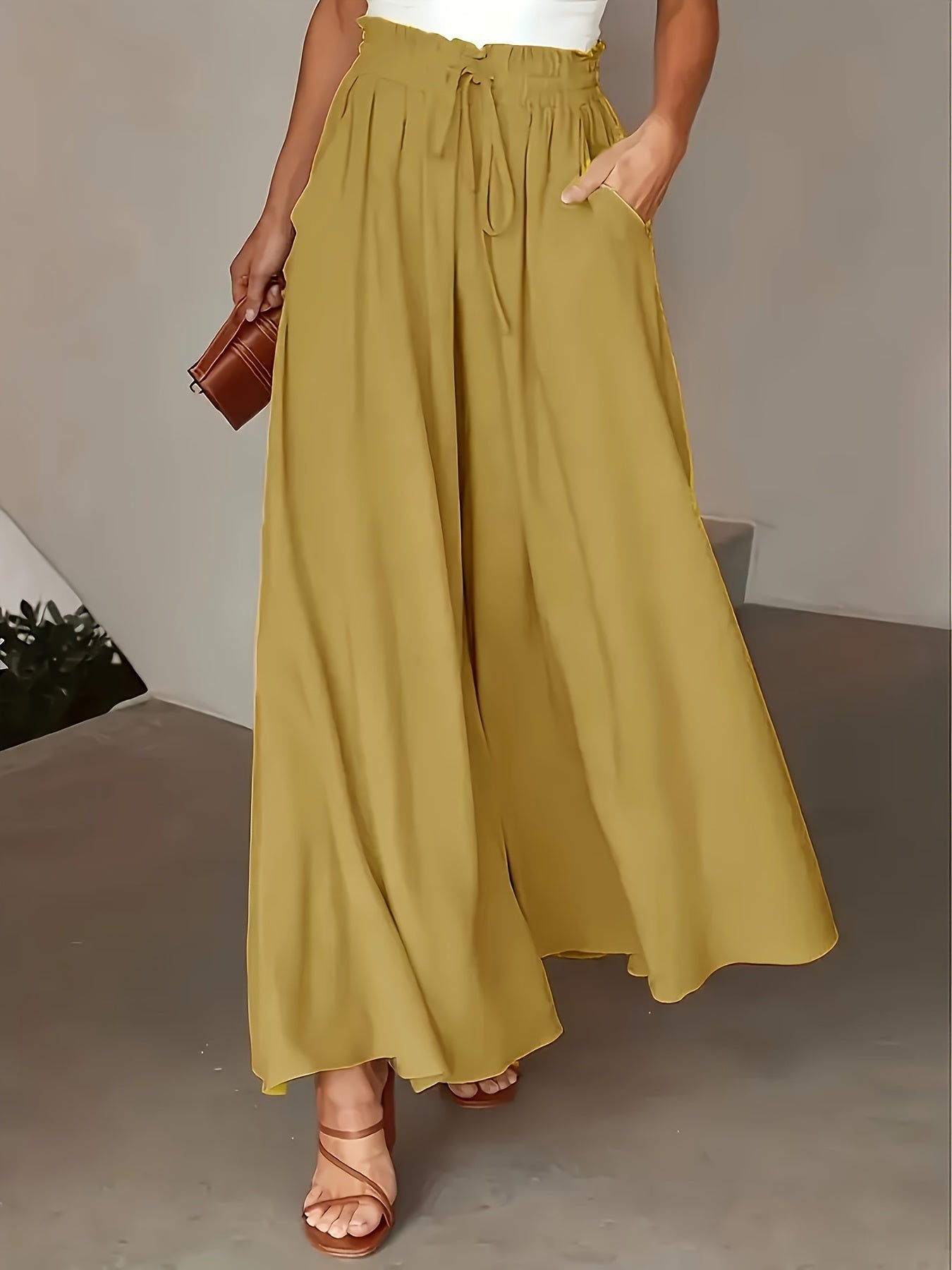 Women'S Light Blue Wide-Leg Pants with Drawstring Waist - Casual Vacation Style, High-Waisted, Flowy Design, Perfect for Beach or Poolside Outings, Beach Attire | Flowy Wideleg | Glossy Texture