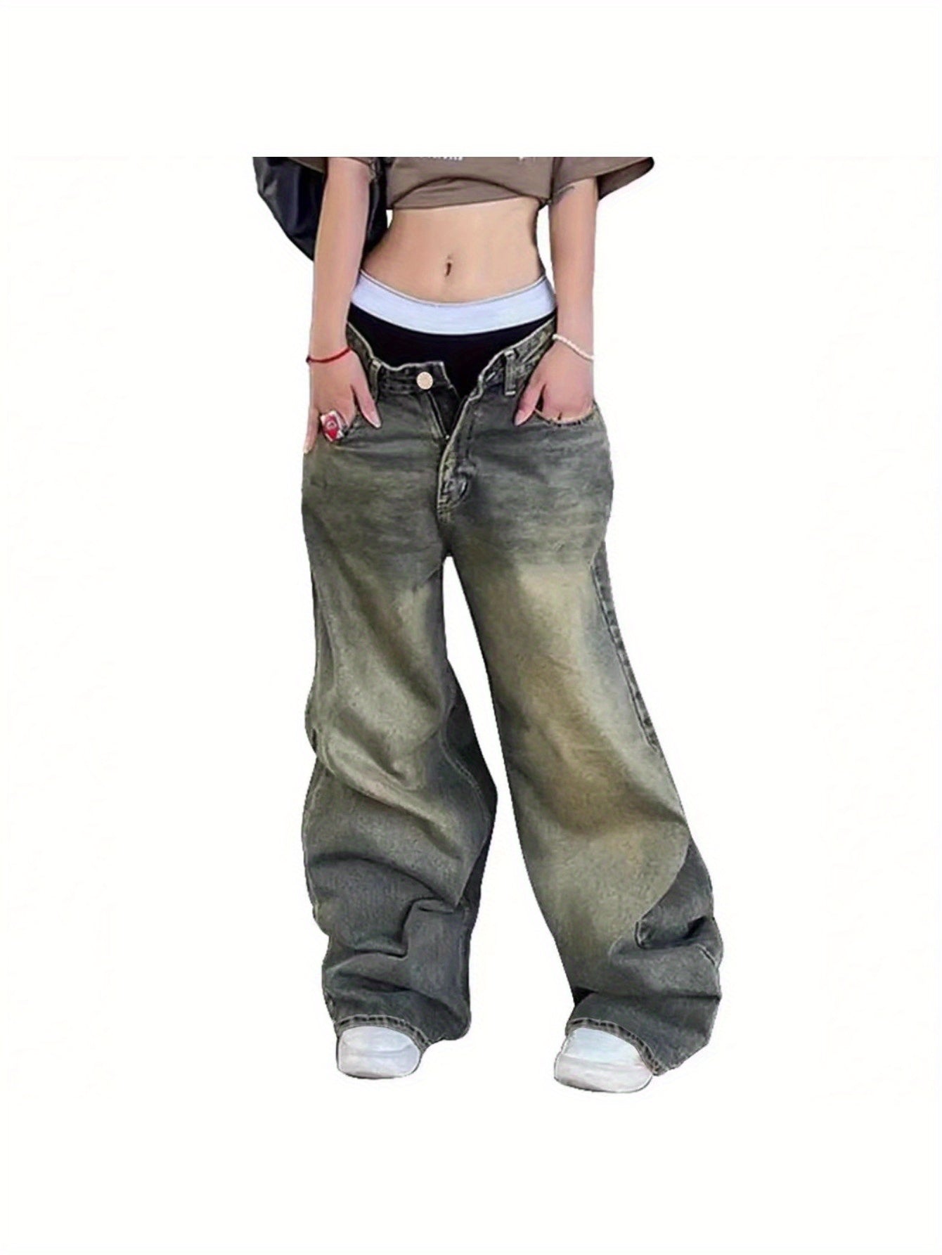 New Street Style Wide Leg Jeans Distressed Wash