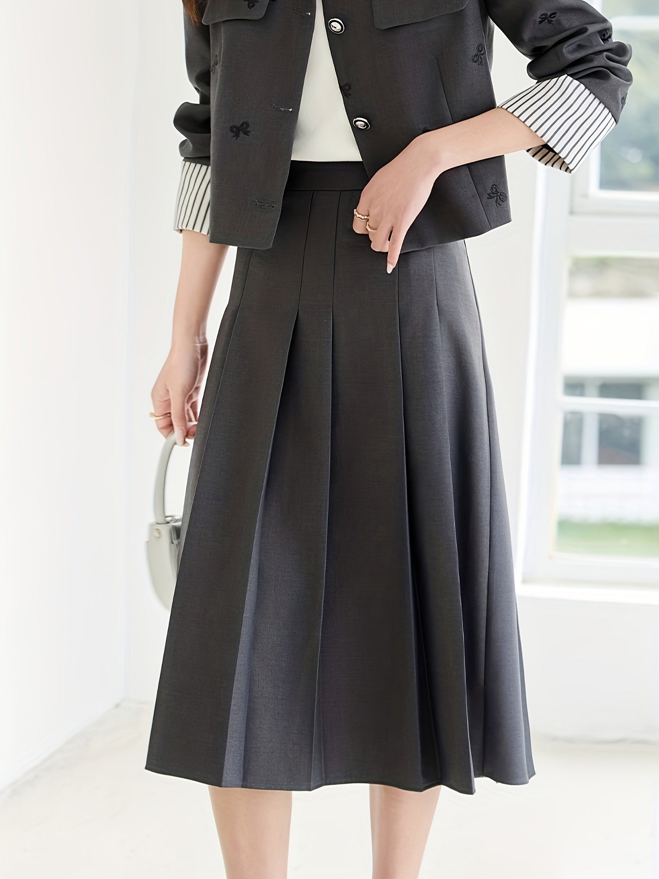 Elegant French-Inspired Butterfly Print Women'S Suit - Chic Black & White Striped Short Jacket with Embroidered Detail, Matching Midi Skirt Set for Spring\u002FFall, Button-Up, Non-Stretch Fabric