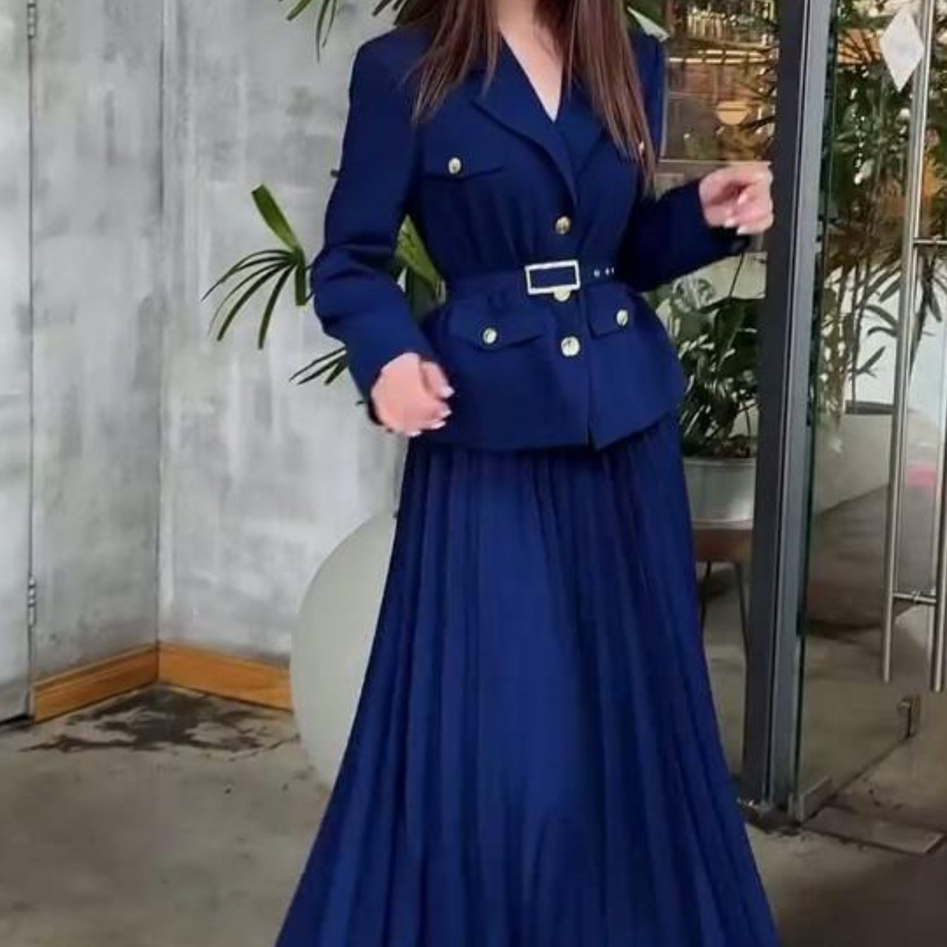 Plus Size - Plus Size, Women'S Elegant Belted Cardigan Suit Jacket & Long Skirt Set - Oversized Fit with Structured Waist, Round Neck Long Sleeve Coat & Matching Skirt, All-Season Versatile Formal & Semi-Formal Outfit, Pockets, Plus Size Available (