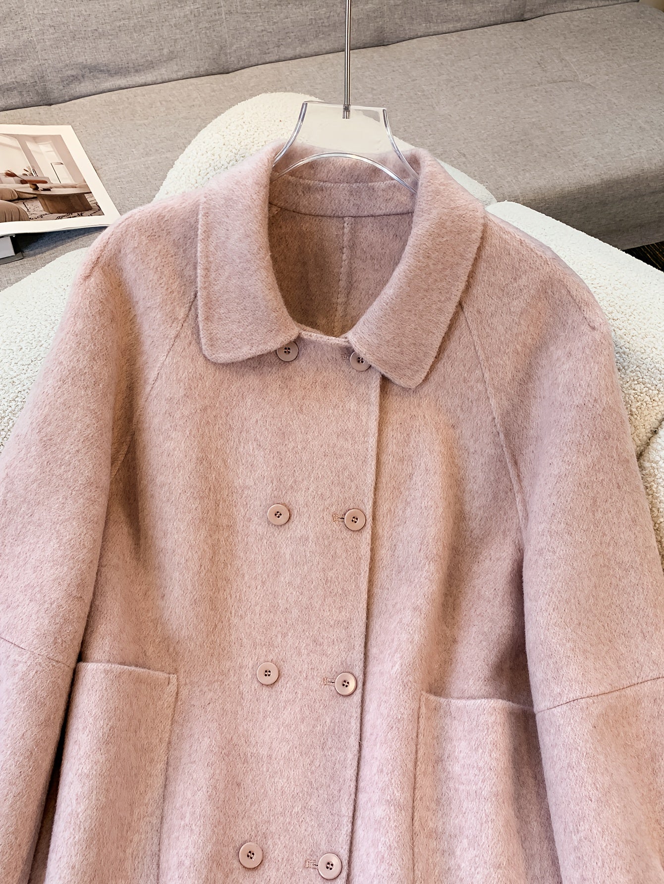 Pink Long Buttoned Korean-Style Elegant Women's Coat with Warmth
