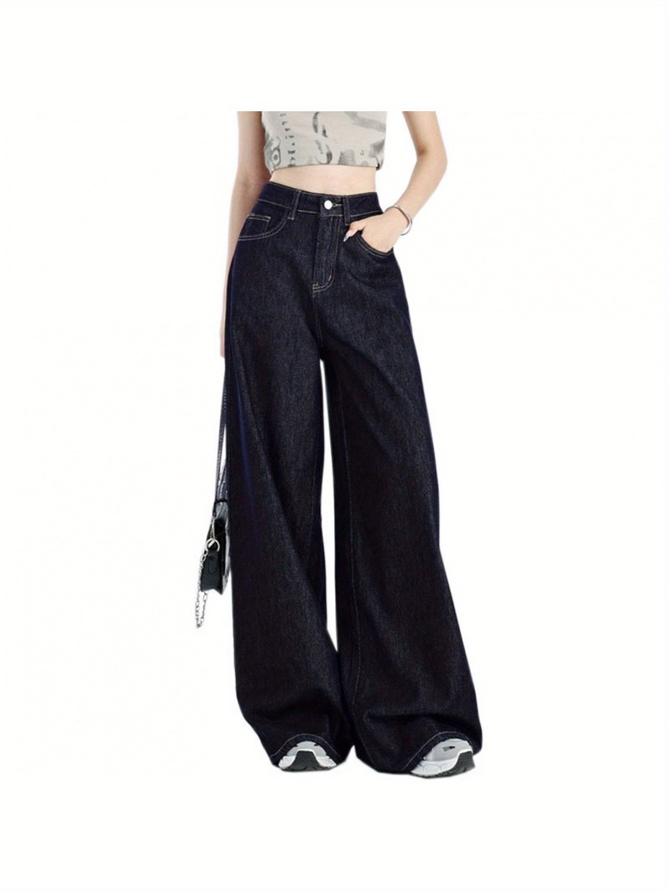Stylish High-Waist Jeans High-Waist Wide-Leg Jeans for Women | Dark Blue Loose Fit Draped Denim Pants with Pockets, Relaxed American Style, Comfortable Fashion, Durable Fabric