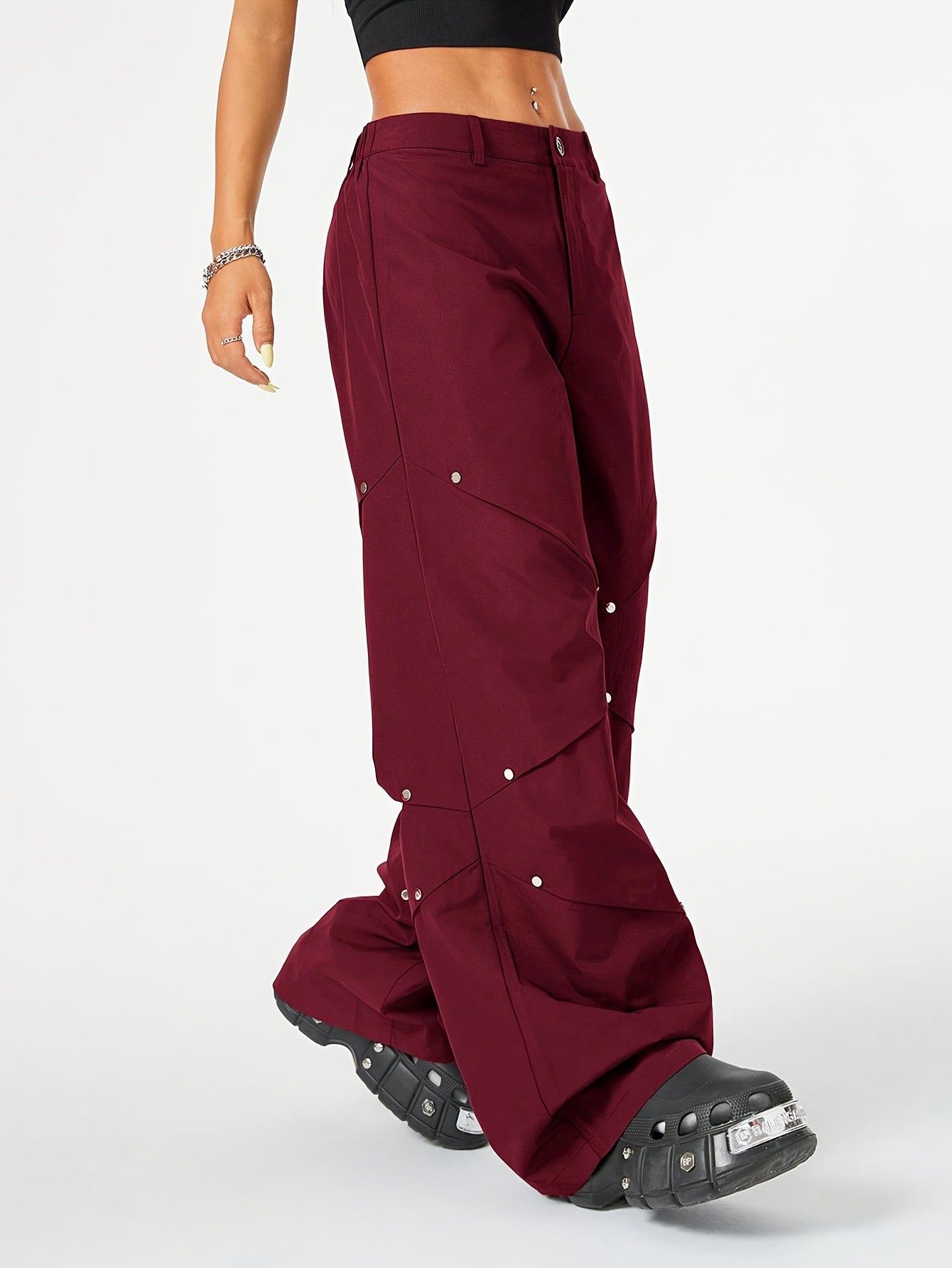 New Hot-selling Women's Trousers Street Style Versatile Casual Trend Wine Red Splicing Rivet Pleated Pants