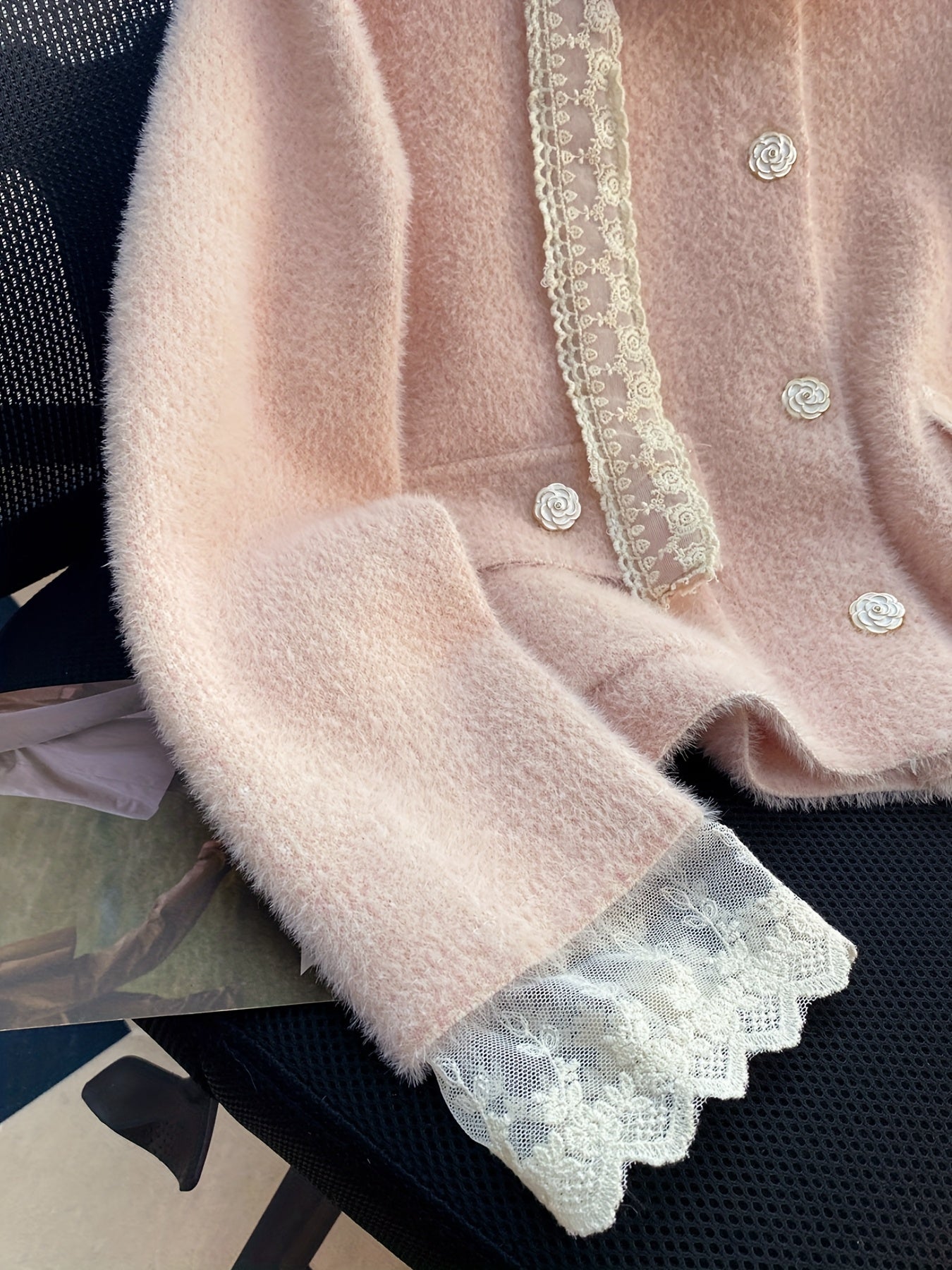 Women's Elegant Soft Pink Lace Trim Jacket - Round Neck Single-Breasted Double Pocket Blazer with Fringe-Free Lace Edges, Versatile All-Season Long Sleeve Coat for Casual & Formal Outfits, Hand Washable Medium Stretch Fabric