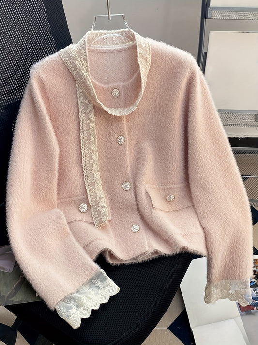 Women's Elegant Soft Pink Lace Trim Jacket - Round Neck Single-Breasted Double Pocket Blazer with Fringe-Free Lace Edges, Versatile All-Season Long Sleeve Coat for Casual & Formal Outfits, Hand Washable Medium Stretch Fabric